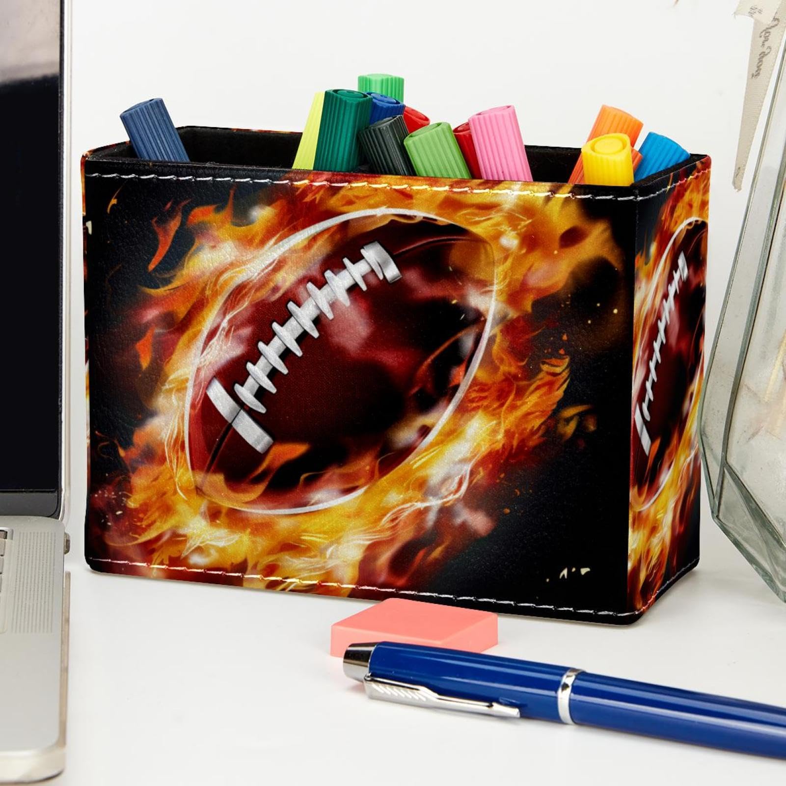 Premium Desk Pen Holder & Pencil Organizer - American Football & Fire Design Office Supplies for Home, School, and Office Organization