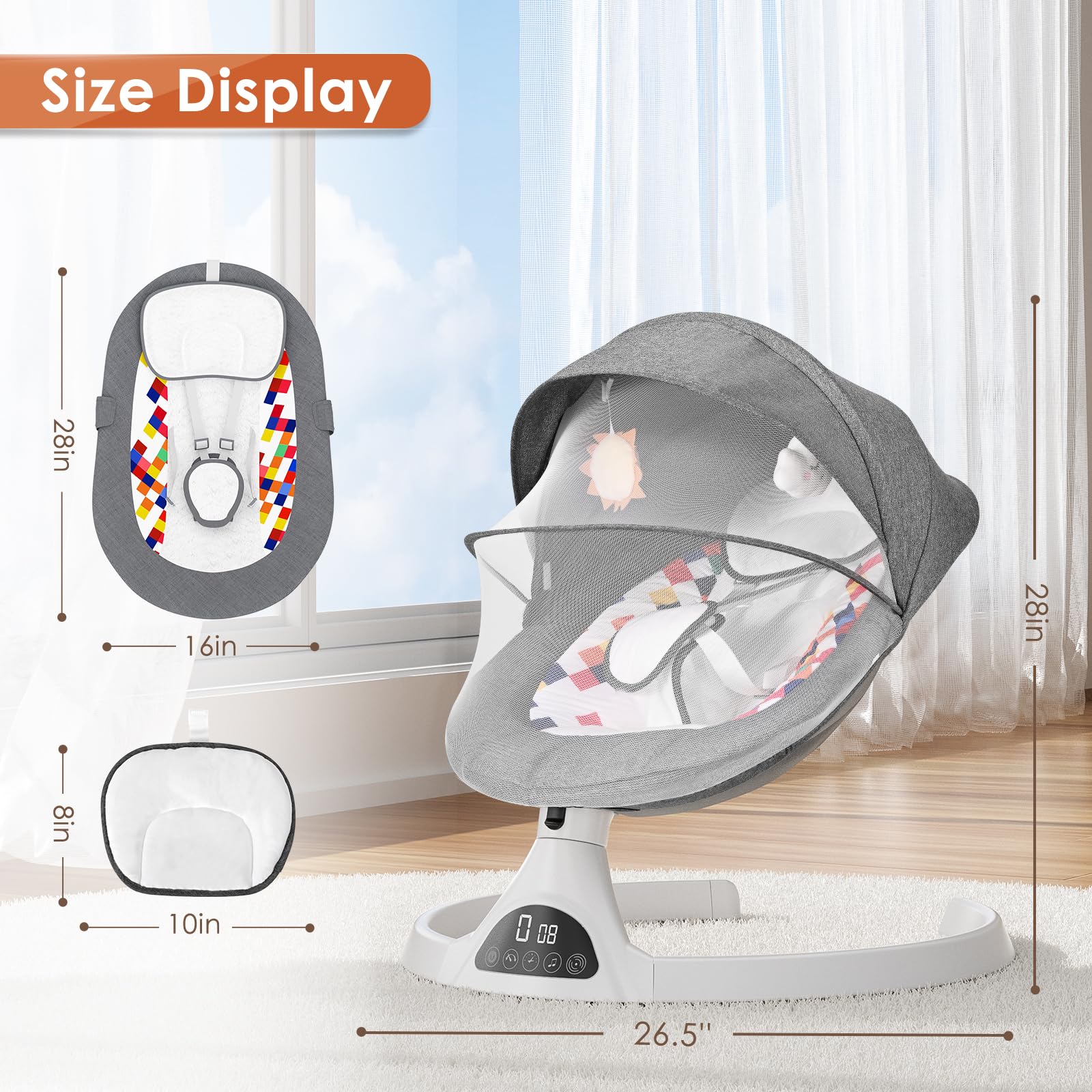 Baby Swing with 5 Speed Settings & 12 Soothing Lullabies - Bluetooth Portable Infant Rocker with Soft Fabric, 3 Timer Modes & Remote Control - Perfect for Newborns 5-20 lbs (Gray) - Ideal for Nursery, Bedtime & Soothing Fussy Babies