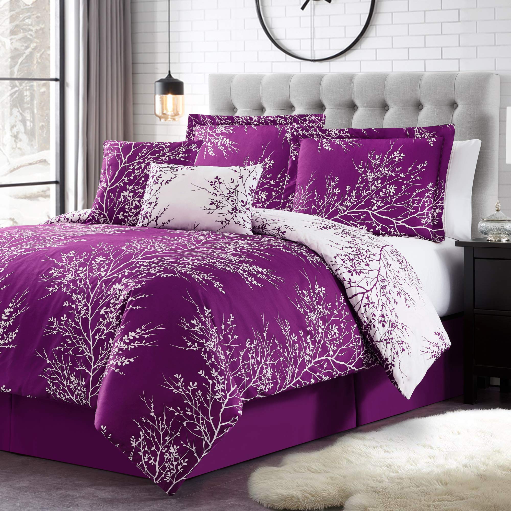 Spirit Linen 6-Piece Queen Comforter Set - Ultra Soft Microfiber Bedding with Elegant Foliage Design - Includes Comforter & Pillow Shams (Purple, Queen Size) - Perfect for Master Bedrooms, Guest Rooms & Cozy Winter Nights