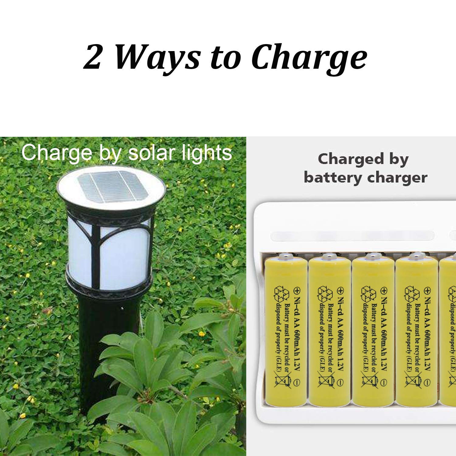 1.2V 600mAh NiMH/NiCd Rechargeable Solar Batteries for Outdoor Solar Lights - AA Size Replacement Batteries for Garden Lamps, Remote Controls, and Computer Mice - Perfect for Solar-Powered Outdoor Lighting and Electronic Devices