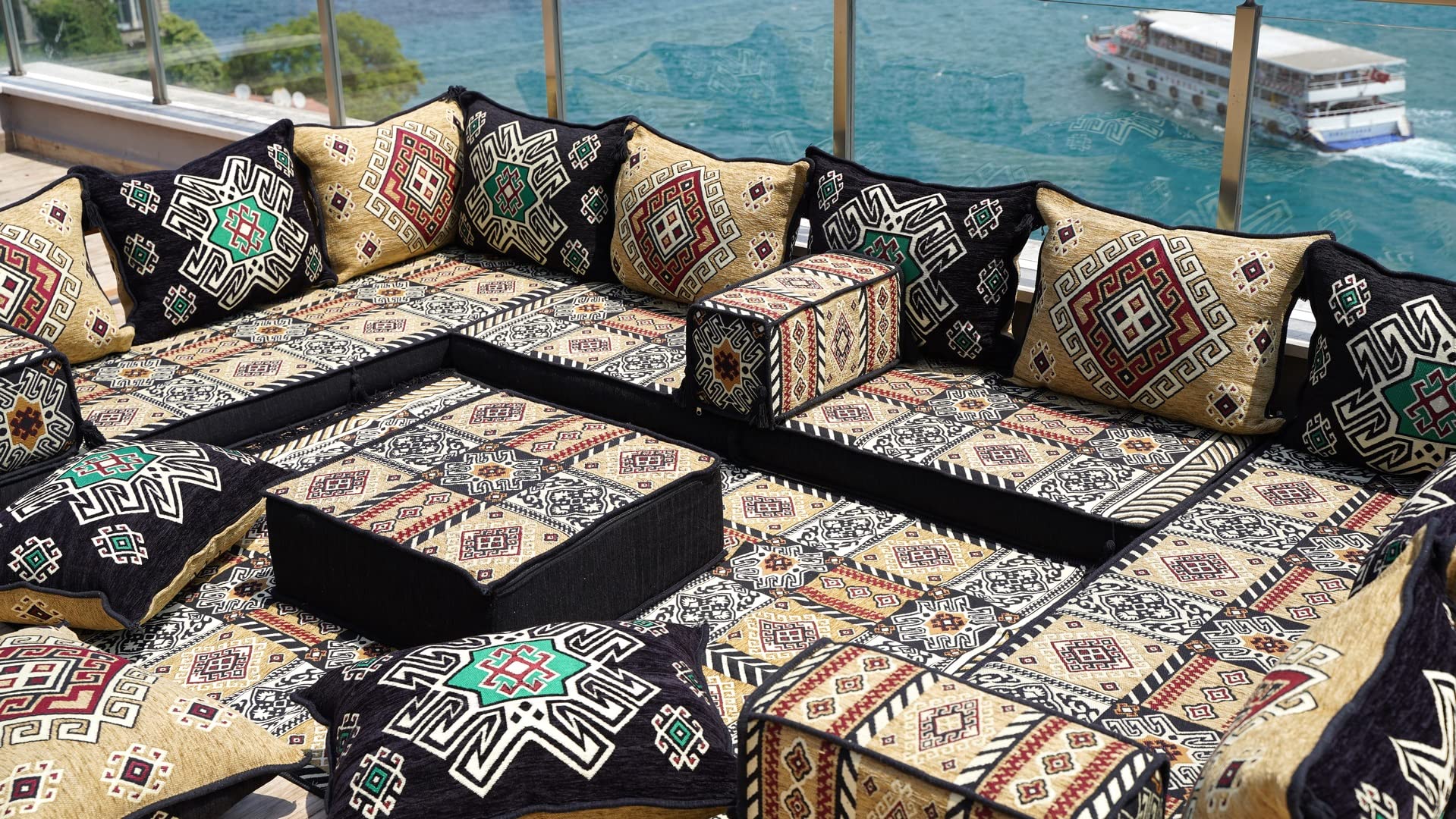Premium U-Shaped Arabic Majlis Sofa Set with Floor Pillows & Cushions - Traditional Oriental Jalsa Seating for Living Room, Lounge & Cultural Gatherings