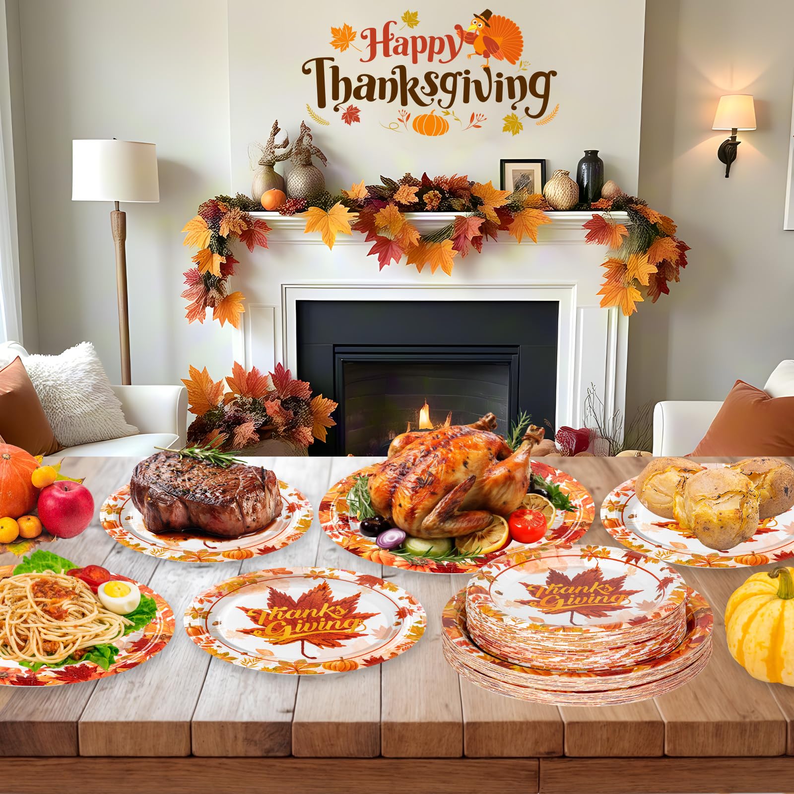 48 Pcs Thanksgiving Disposable Paper Plates Set - Fall Pumpkin & Maple Leaf Design Round Party Dinnerware for Autumn Thanksgiving Day, Halloween, Harvest Festival Decorations | Perfect for Holiday Gatherings, Family Dinners & Seasonal Table Settings