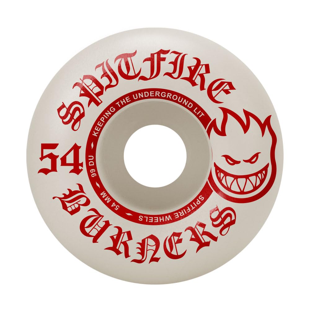Spitfire Skateboard Wheels Burners 54mm 99A Hardness White/Red - High Performance Wheels for Street Skating, Park Riding & Cruising