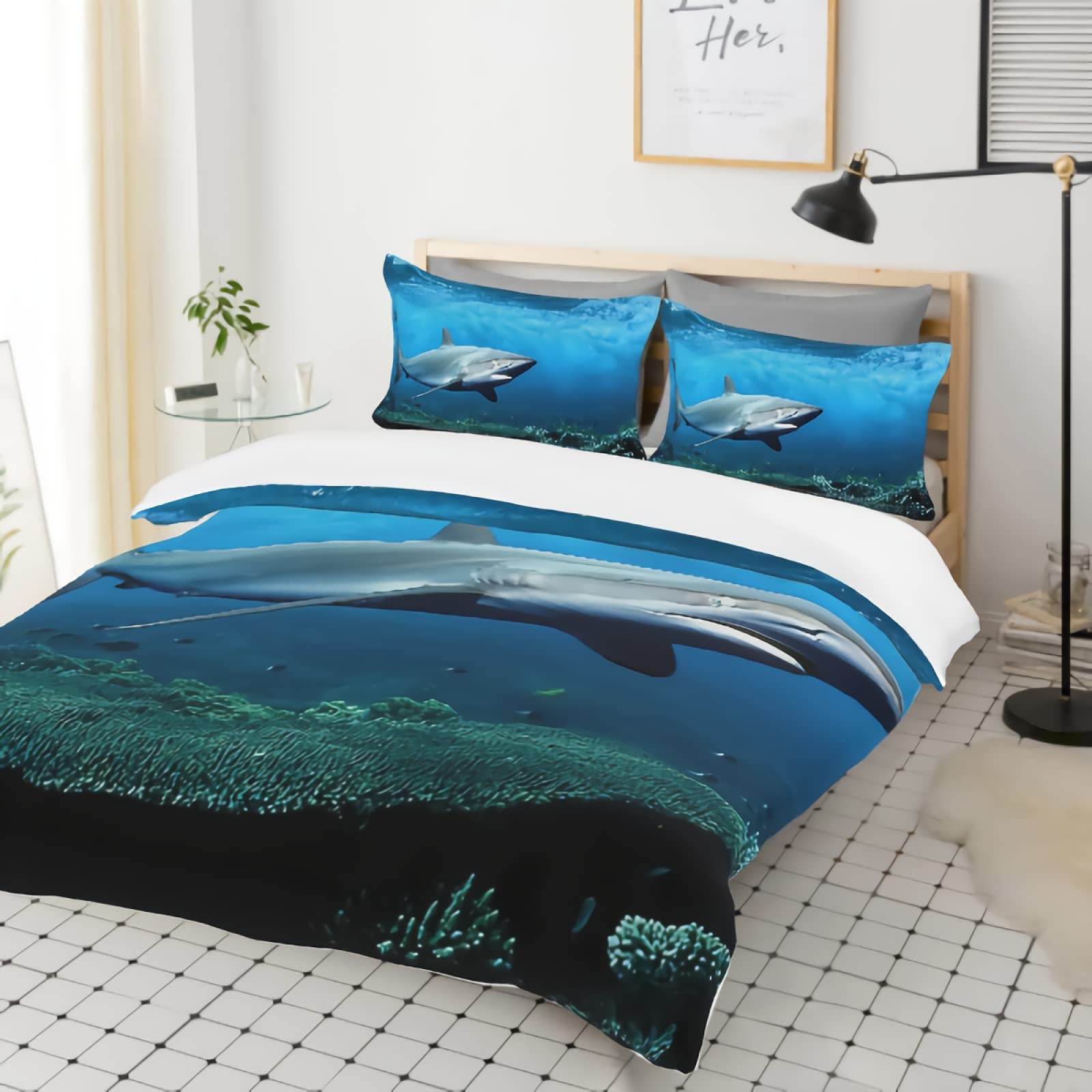 Blue Sharks Duvet Cover Set - 100% Soft Microfiber Queen Size Shark Print Bedding with 2 Pillowcases (3-Piece Set) | Ocean Theme Kids Room Decor & Underwater Adventure Bedroom Design
