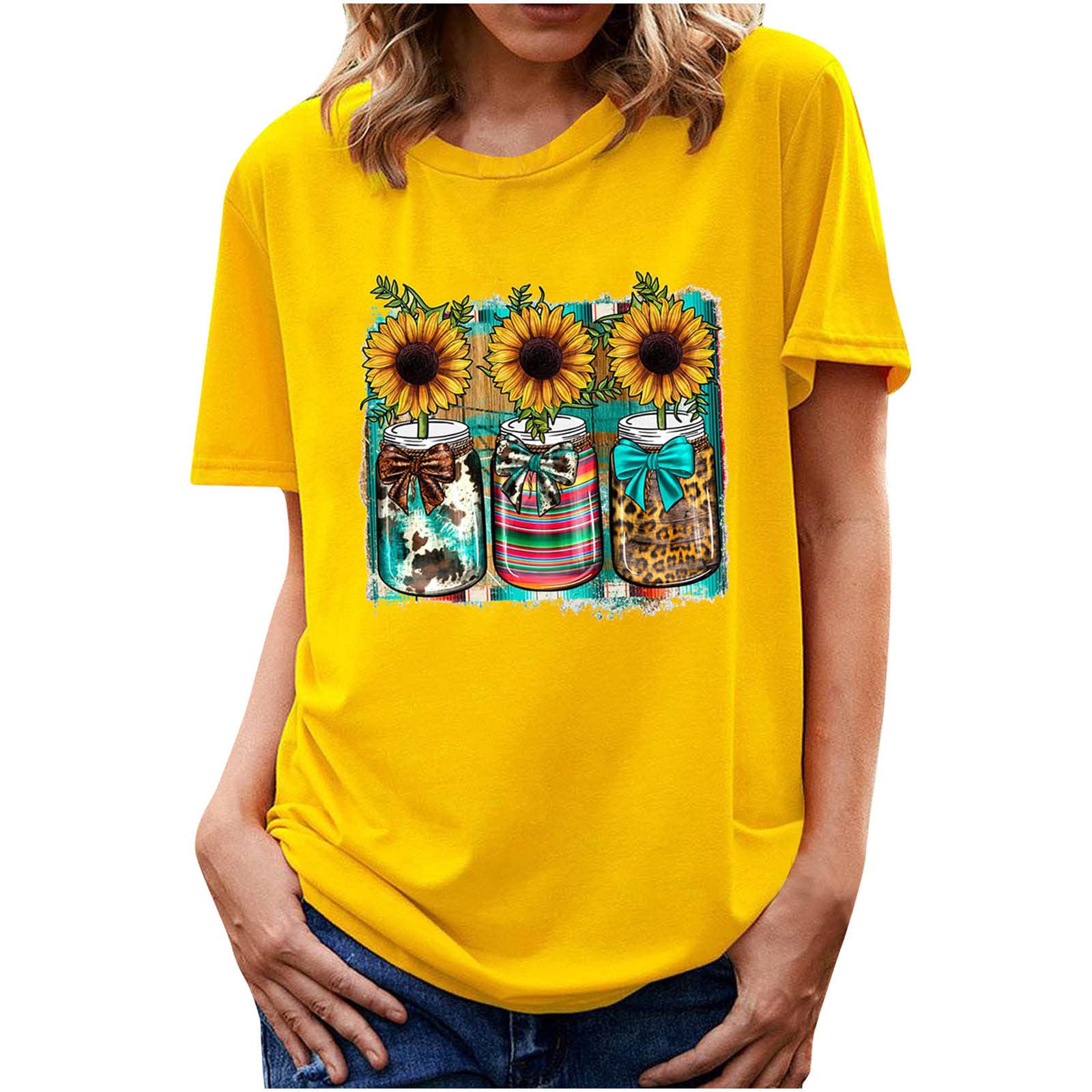 Women's Casual Sunflower Vase Graphic T-Shirt - 2022 Summer Cute Floral Bouquet Print Half Sleeve Crewneck Tunic Top for Everyday Wear, Weekend Outings & Summer Vacations