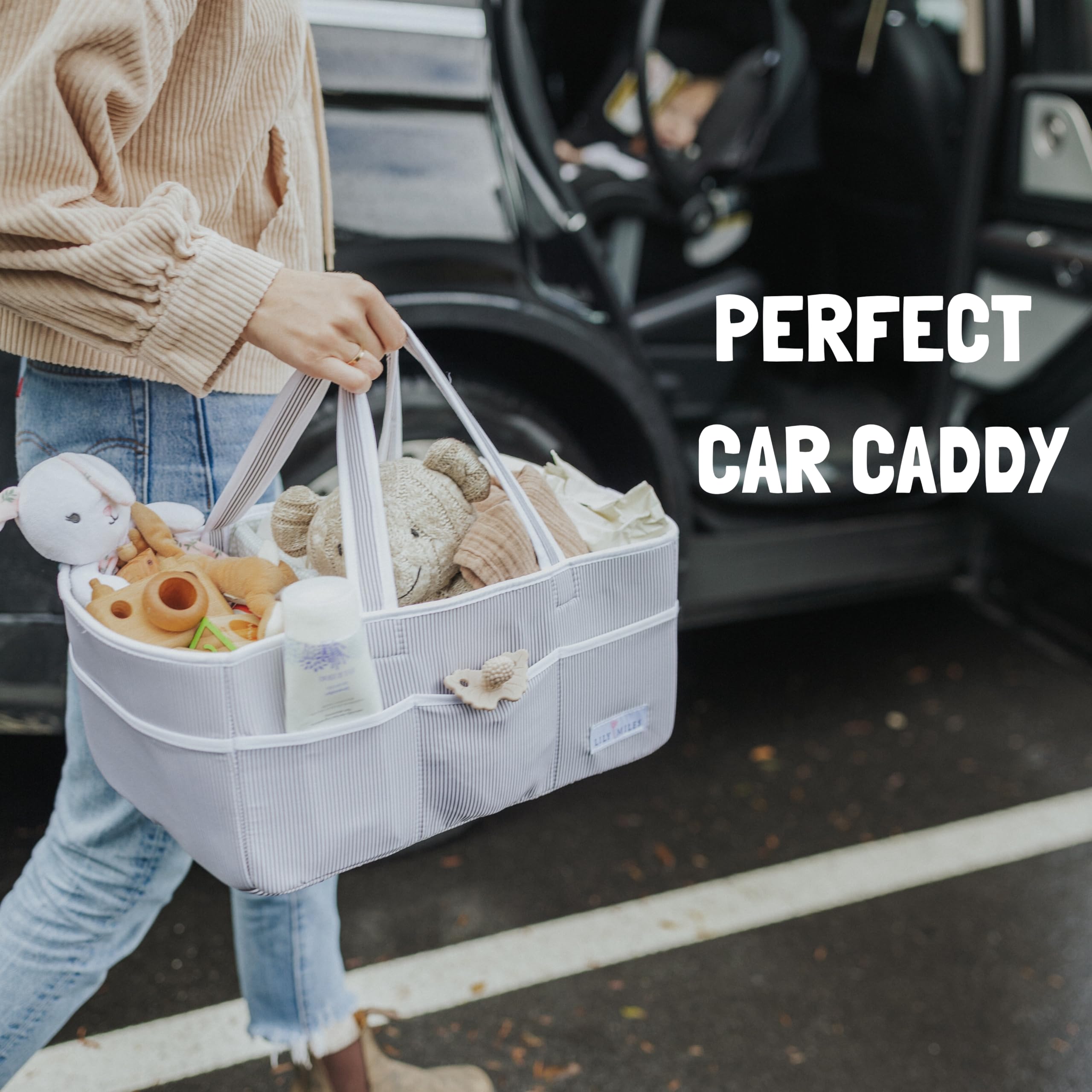 Lily Miles Extra Large Baby Diaper Caddy Organizer Tote Bag - Gray & Blush Nursery Storage for Diapers, Wipes, Bottles & Baby Essentials - Perfect for Baby Showers, Travel, and Home Organization
