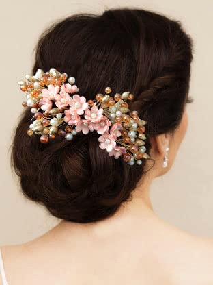 Elegant Peach Bridal Hairpin with Beads & Pearls - Floral Hair Comb Slide for Women & Girls | Perfect for Weddings, Prom, and Special Occasions