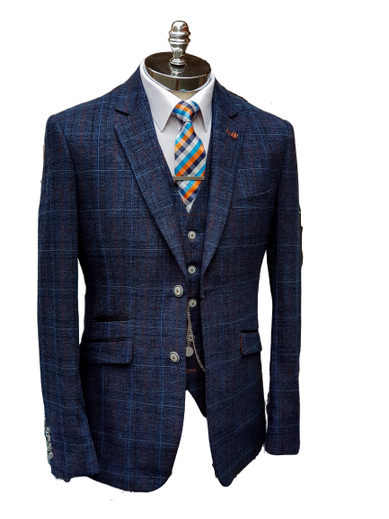 Cavani Cody Men's 3 Piece Blue Check Slim Fit Suit - Formal Business Attire for Weddings, Office & Special Occasions