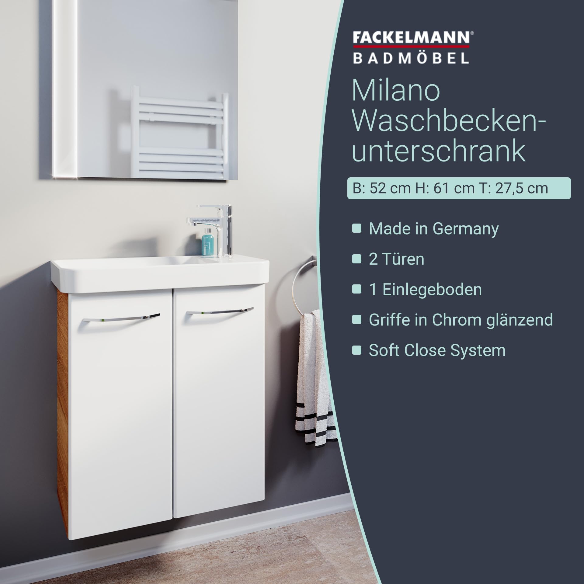 Milano Mini Vanity Unit with Soft-Close Doors - Light Brown Bathroom Cabinet with White Front - 20.5