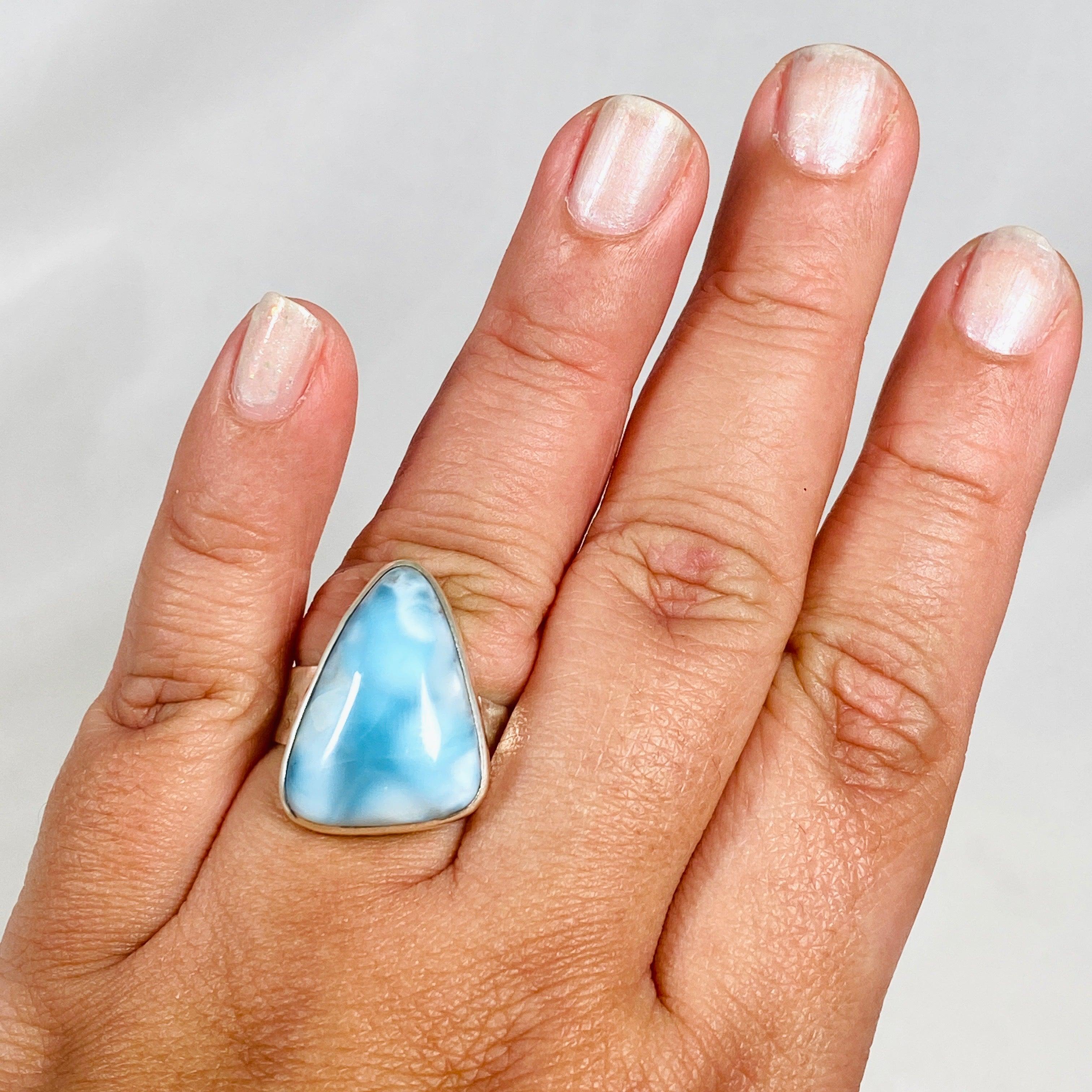 Larimar Triangular Ring with Hammered Band - Size 11 Sterling Silver Jewelry KRGJ3101 | Perfect for Boho Fashion, Beach Weddings & Gift Giving