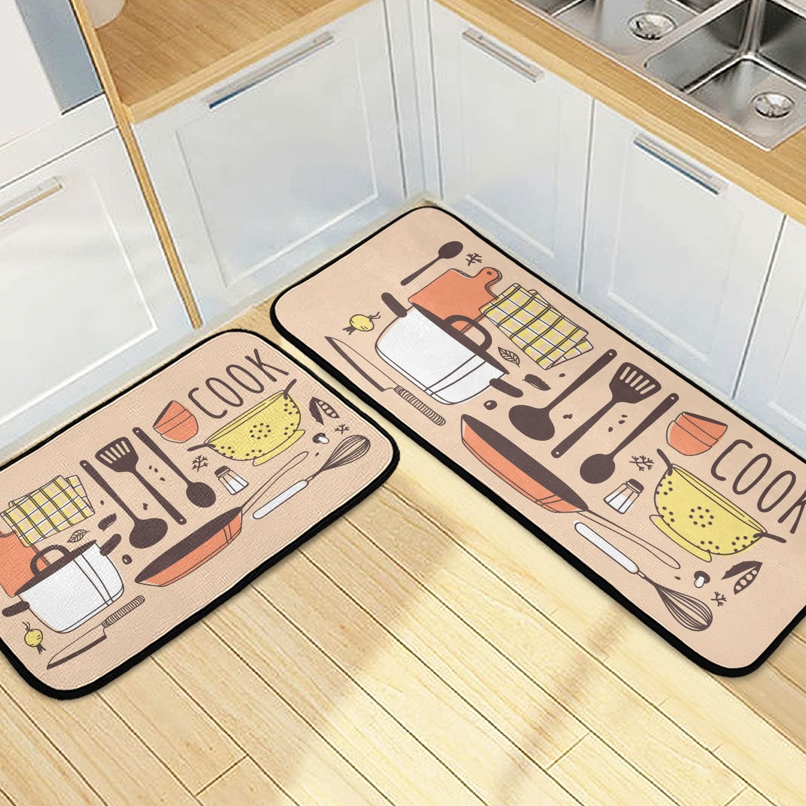 SUABO Non-Slip Kitchen Mat Set of 2 - Cushioned Standing Mats for Cooking & Bathroom Floor - Anti-Fatigue Comfort for Home, Office & Salon Use