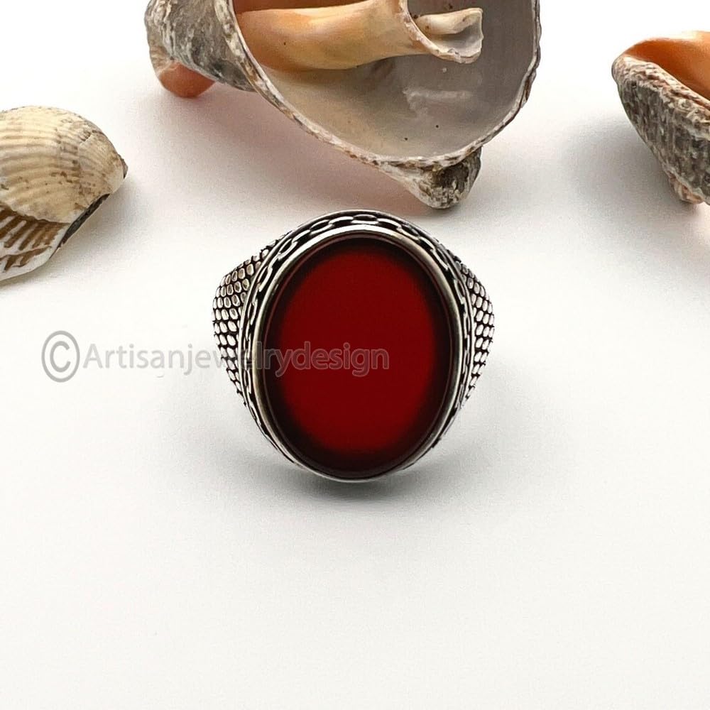 Handmade Red Onyx Men's Ring - 925 Sterling Silver Statement Signet Ring, Ottoman Style Onyx Gemstone Jewelry, Perfect Valentine’s Day Gift for Him, Ideal for Weddings, Anniversaries, and Special Occasions