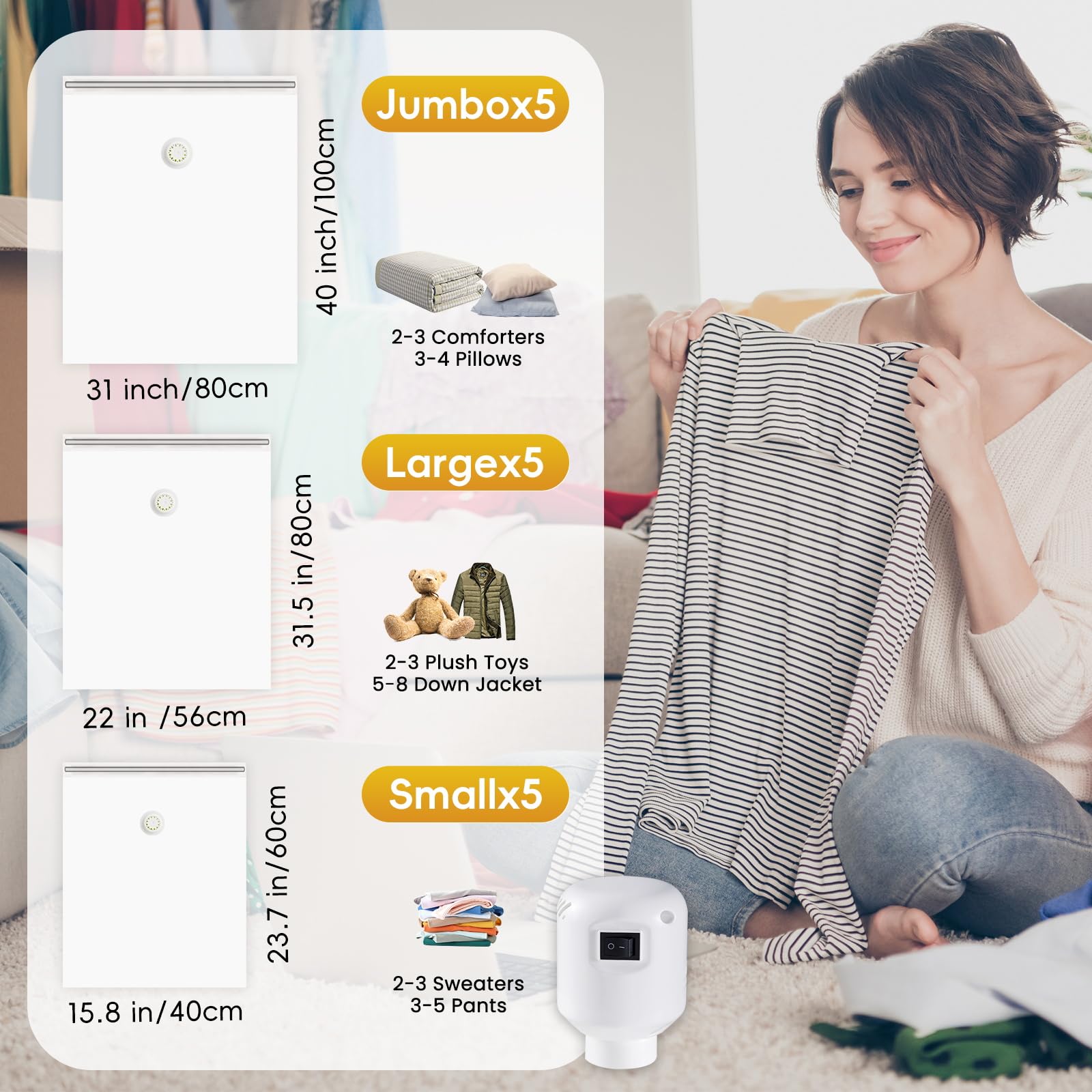 15-Pack Vacuum Storage Bags with Electric Air Pump (5 Jumbo, 5 Large, 5 Medium) - Space Saving Compression Bags for Clothes, Blankets, Duvets, Pillows & Comforters | Perfect for Travel, Seasonal Storage & Home Organization