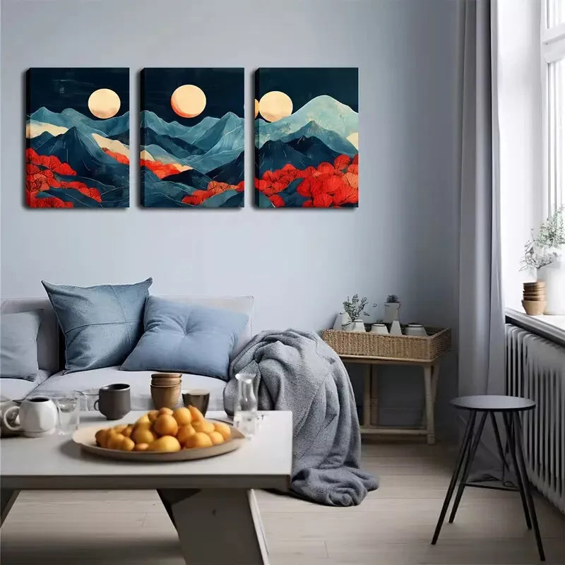 3-Piece Abstract Mountain and Moon Wall Art Set - Framed Canvas 40x60cm (16x24in) - High Quality Print - 100% Australian Made - Ready to Hang - Perfect for Living Room, Bedroom or Office Decor