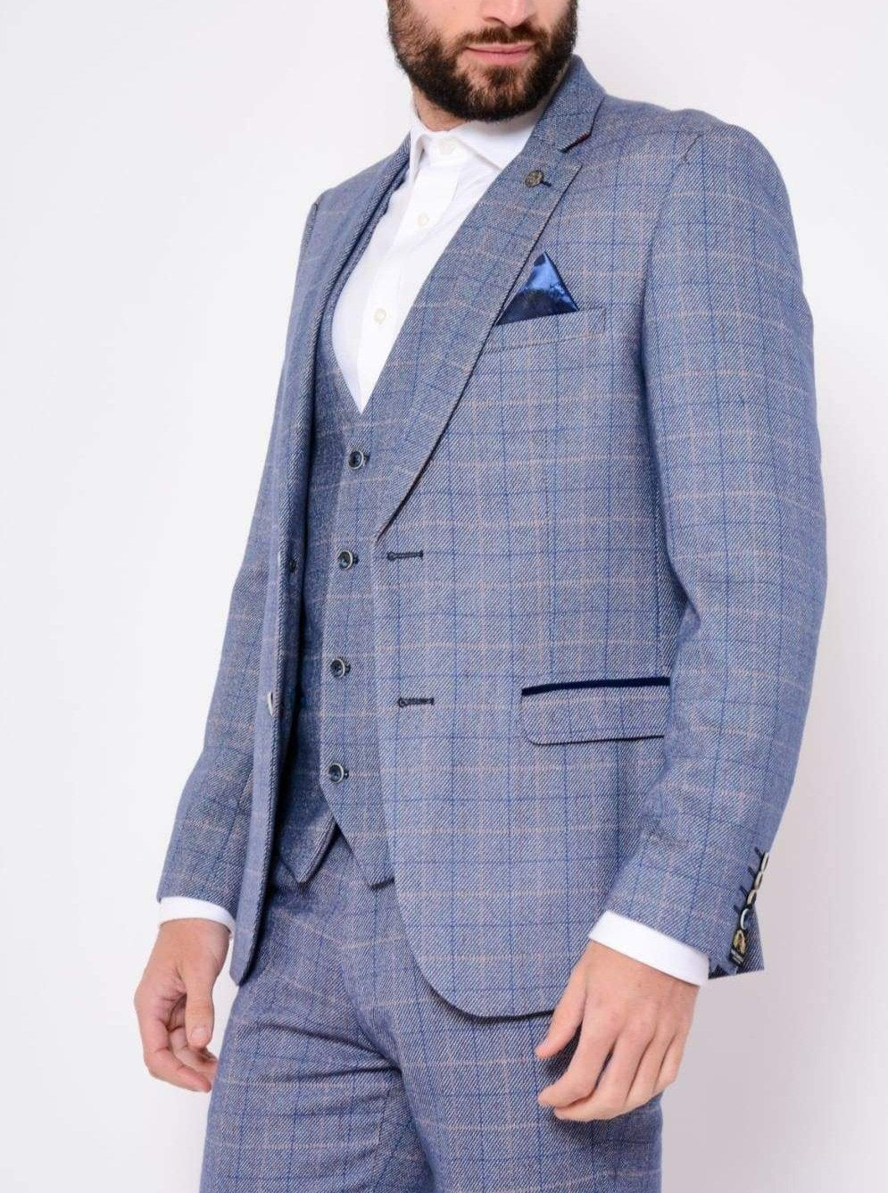 Marc Darcy Harry Light Blue Tweed Check Suit Blazer - Men's Slim Fit Formal Jacket for Weddings, Business & Special Occasions