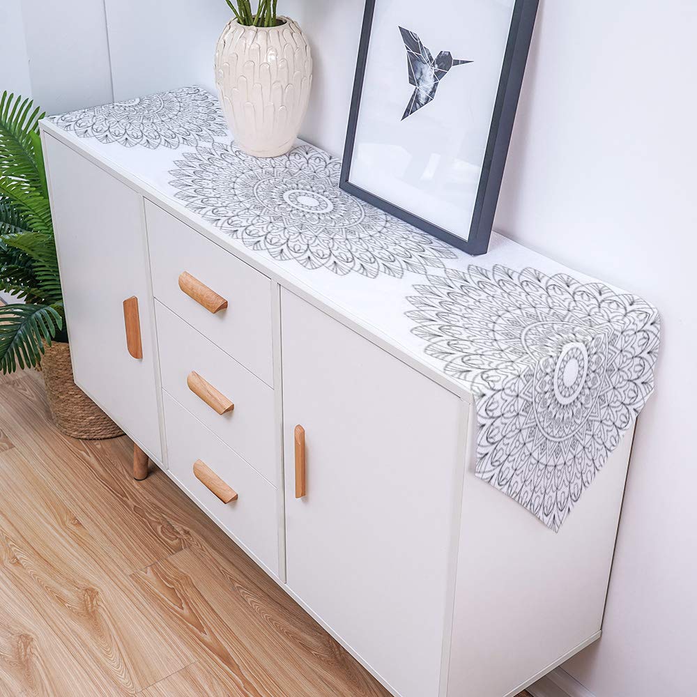 Premium Cotton & Linen Mandala Flower Table Runner - 13x120 Inch Extra Long White Table Scarf for Wedding, Graduation, Banquet Decor | Elegant Dining Table, Buffet, Console & Dresser Decoration