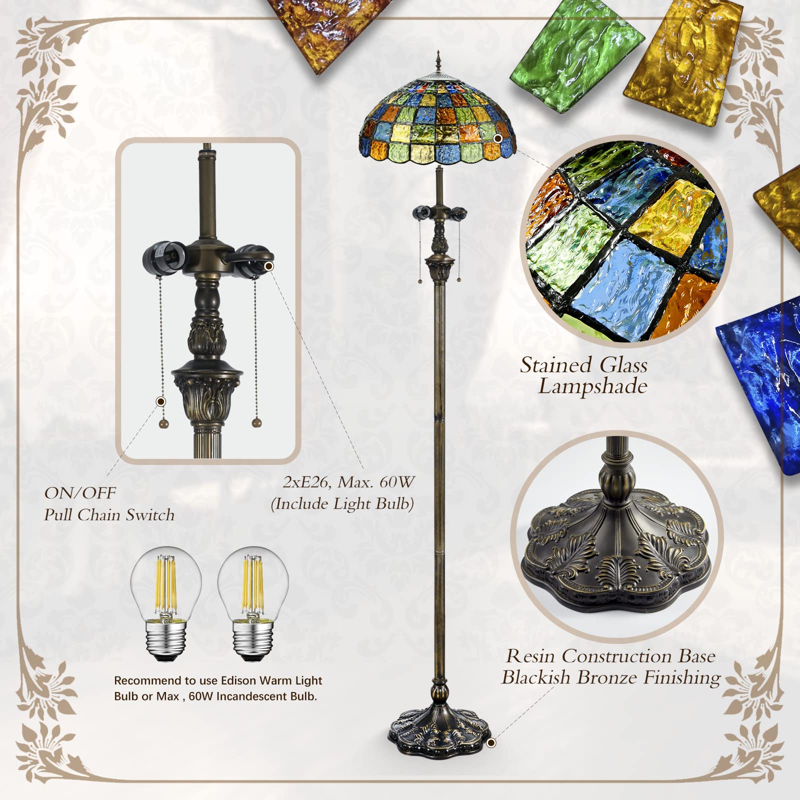 Tiffany Style Crystal Square Stained Glass Floor Lamp - 16x70 Inch Antique Pole Standing Light for Living Room, Study, Office & Reading - Zipper Switch Control - Perfect for Home Decor, Bedroom Lighting and Cozy Reading Nook