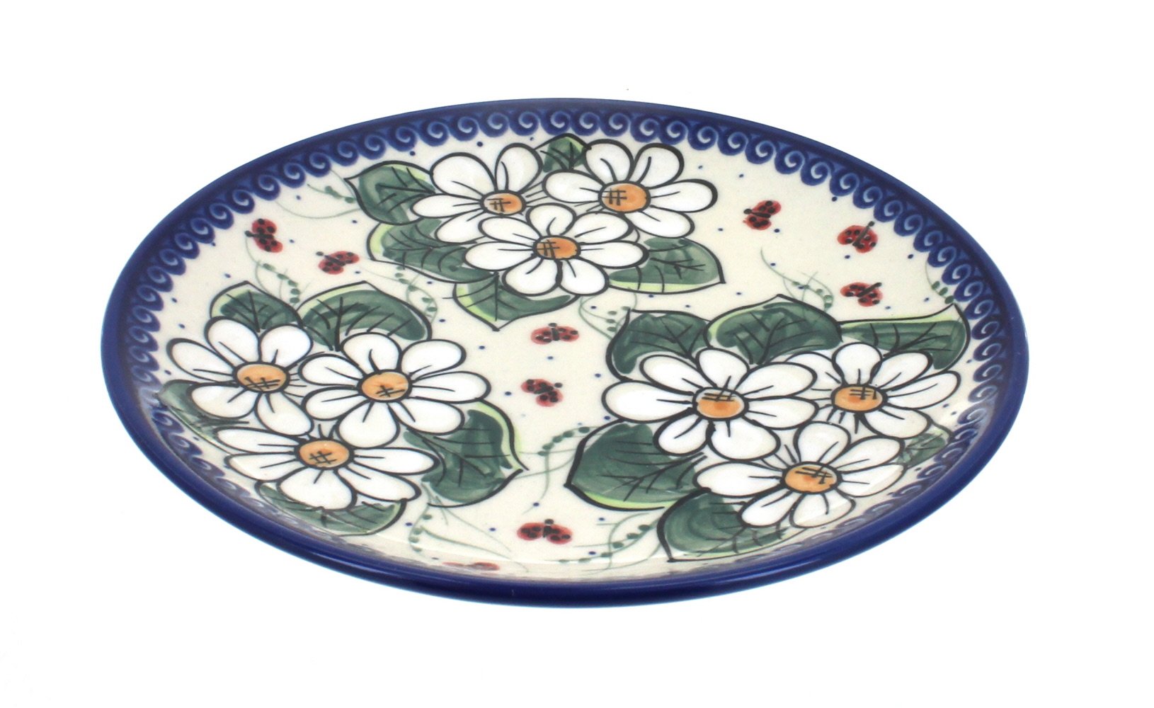 Hand-Painted Blue Rose Polish Pottery Ladybug Dessert Plate – Elegant Ceramic Appetizer Dish for Tea Parties, Bridal Showers & Home Decor