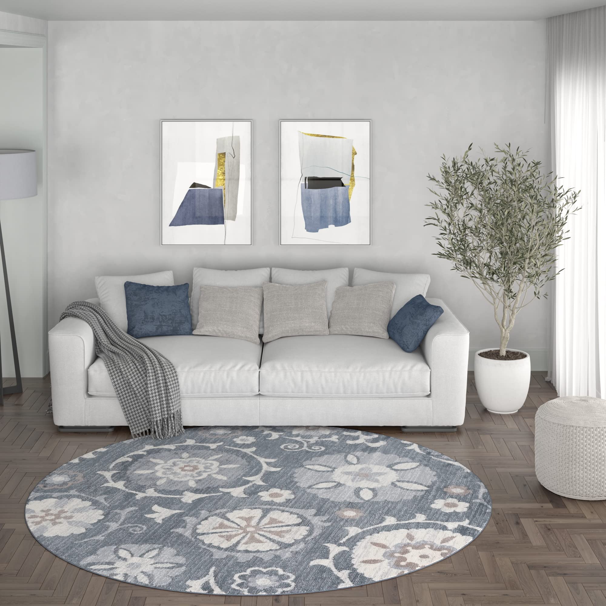 Tayse Gray Modern 6ft Round Area Rug - Contemporary Indoor Carpet for Living Room, Bedroom, Dining Room, Kitchen & Entryway - Soft Floor Mat for Home Decor & Comfort
