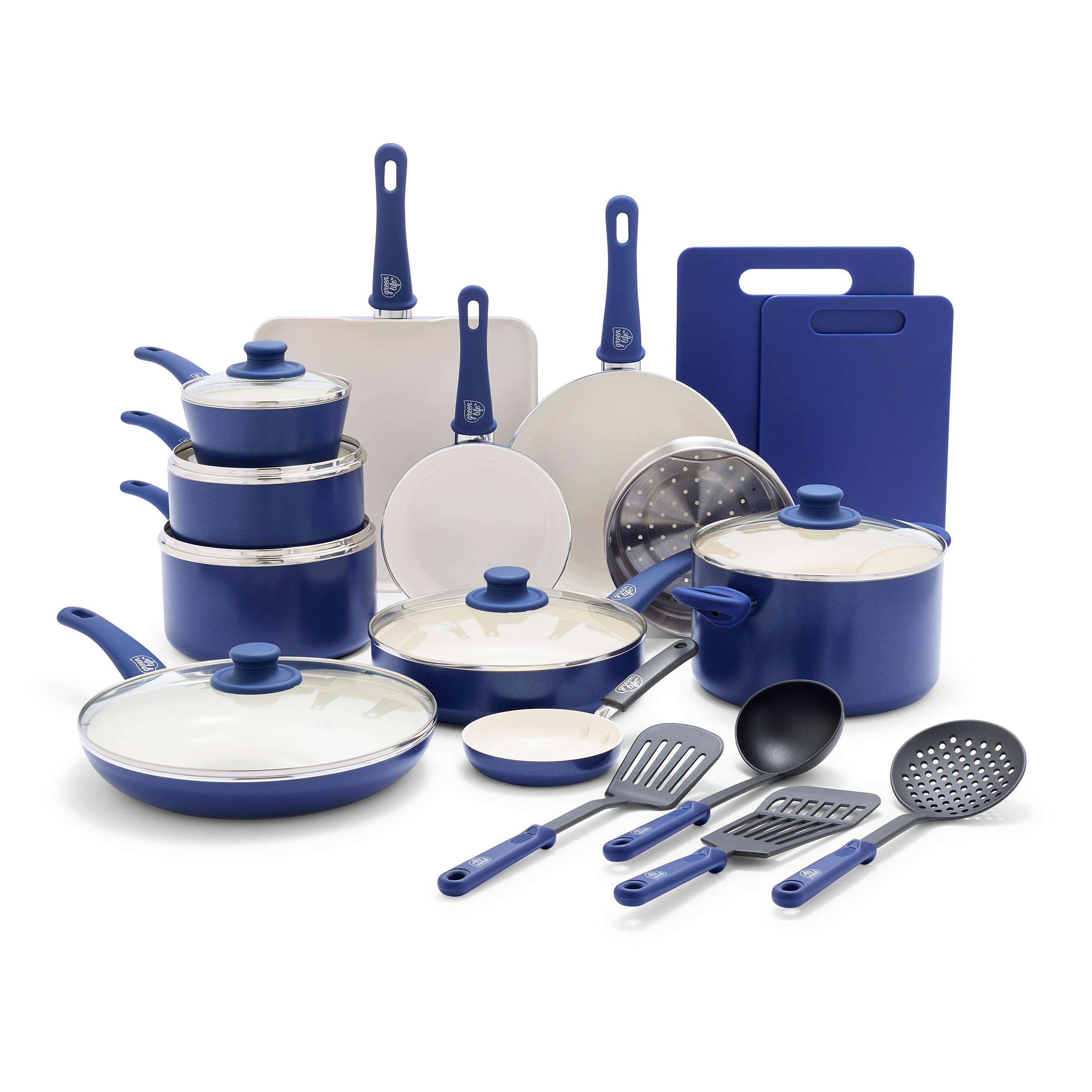 GreenLife Soft Grip 23-Piece Non-Toxic Ceramic Cookware Set - PFAS & PFOA Free Pots & Pans with Even Heat Distribution, Warp Control & Easy Cleaning - Oven & Dishwasher Safe Blue Kitchenware for Healthy Cooking, Baking & Frying
