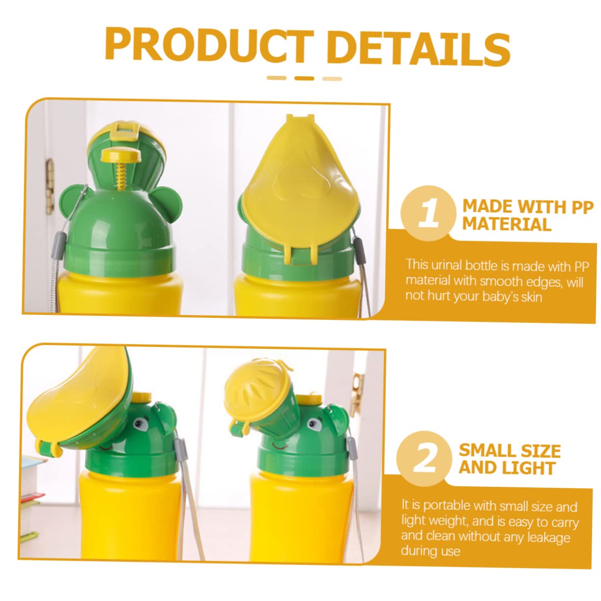 Wakauto 2-Pack Portable Urinal for Men - Leak-Proof Travel Toilet for Cars, Camping & Emergencies - Yellow PP Plastic Potty Training Solution