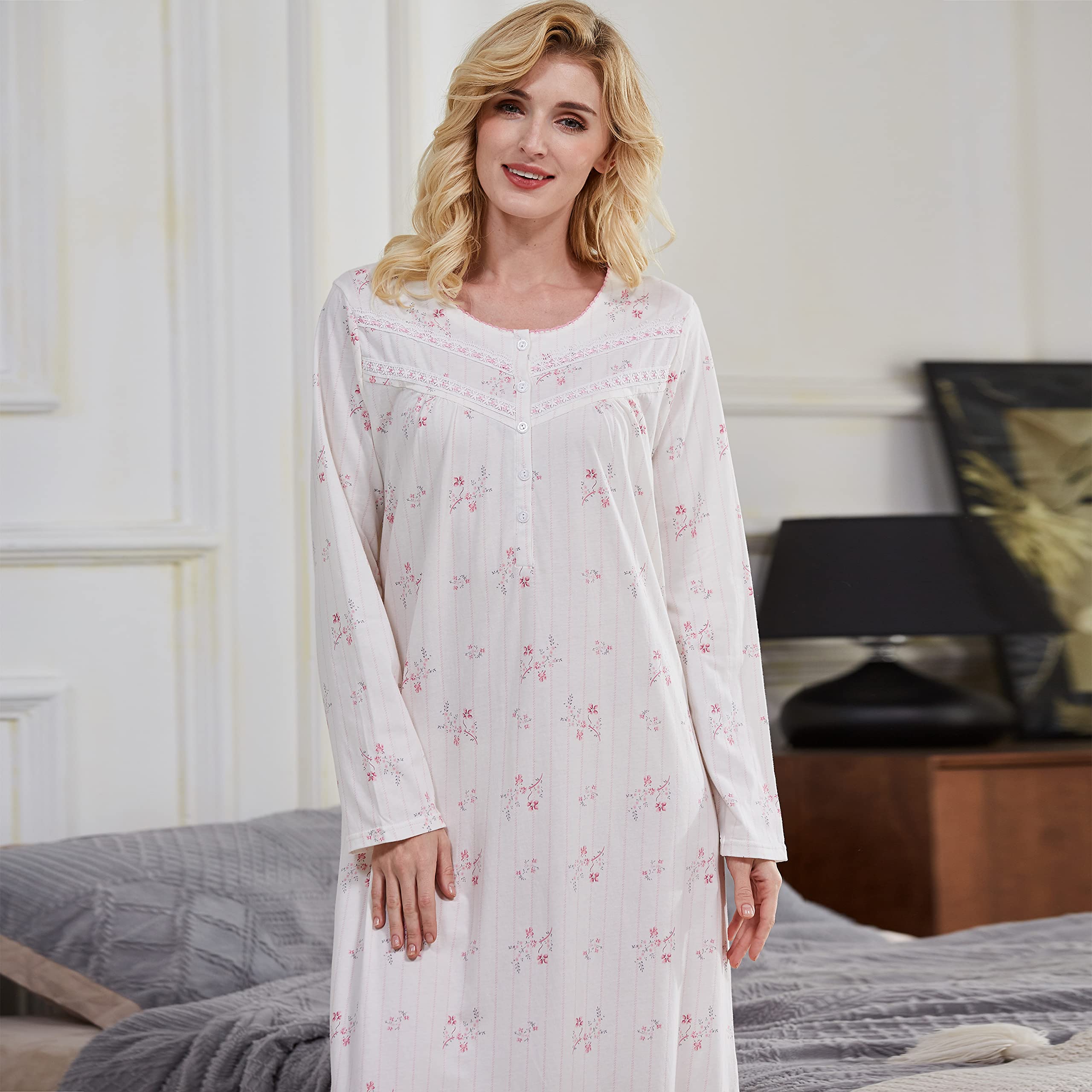 Keyocean Women's Soft Cotton Long Sleeve Nightgown - Comfortable Lightweight Sleepwear for Relaxing at Home & Cozy Bedtime