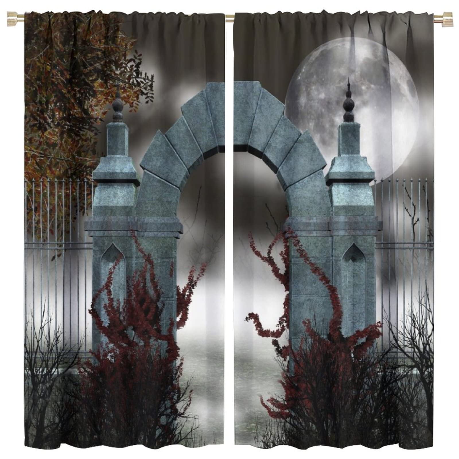 Gothic Halloween Curtains - Vintage Wooden Door & Full Moon Horror Design, Thermal Insulated Window Drapes for Kids, Boys, Girls - 84x84 Inch Blackout Curtains for Living Room, Bedroom Decor - Perfect for Spooky Home Decor & Horror Theme Parties