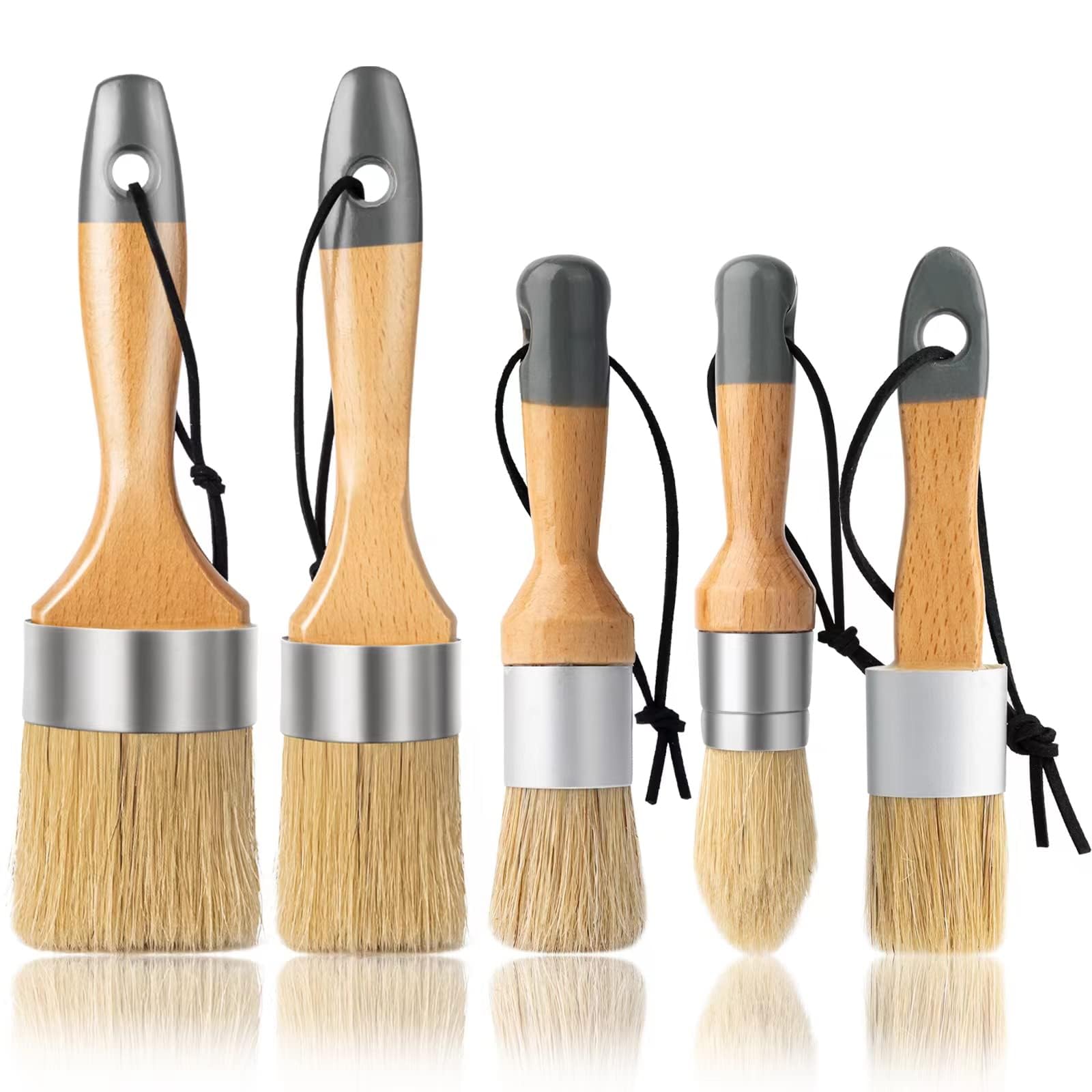 5-Piece Chalk & Wax Paint Brush Set - Natural Bristle Round & Oval Brushes for Furniture DIY, Art Crafts, Painting & Waxing | Perfect for Home Decor Projects, Vintage Furniture Restoration & Creative Painting
