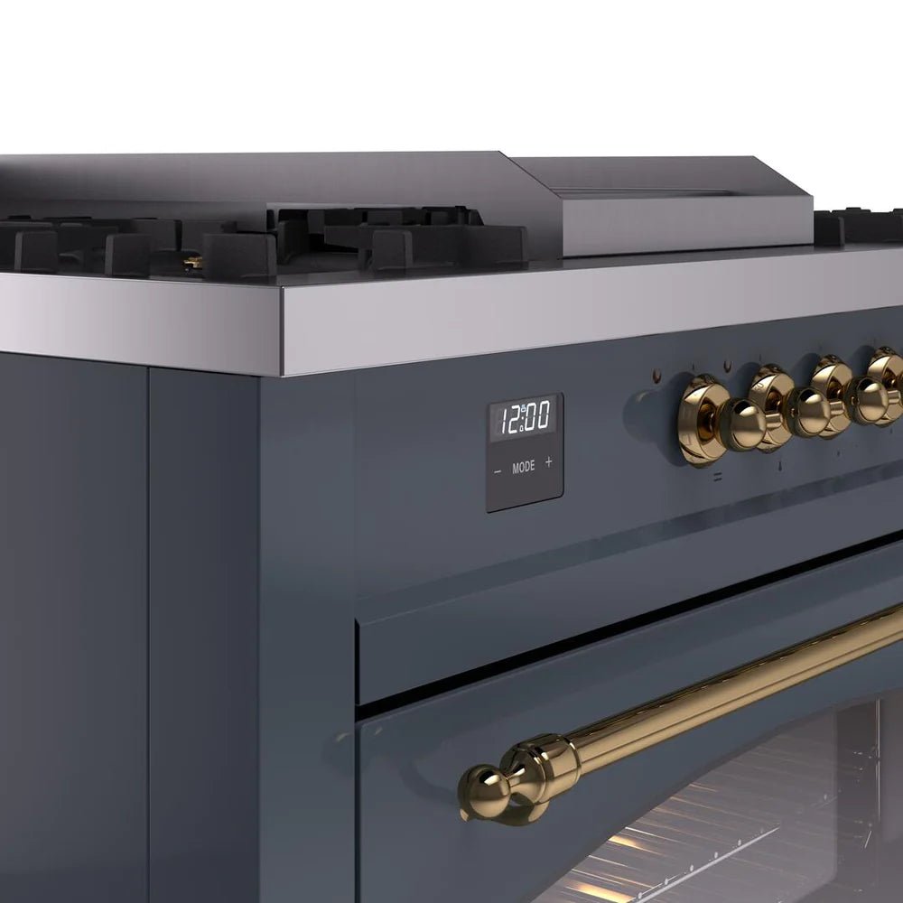 ILVE Nostalgie II 60-Inch Dual Fuel Natural Gas Range with Brass Trim - Blue Grey (UP60FSNMPBGG) | Professional Italian Kitchen Appliance for Home Chefs & Gourmet Cooking