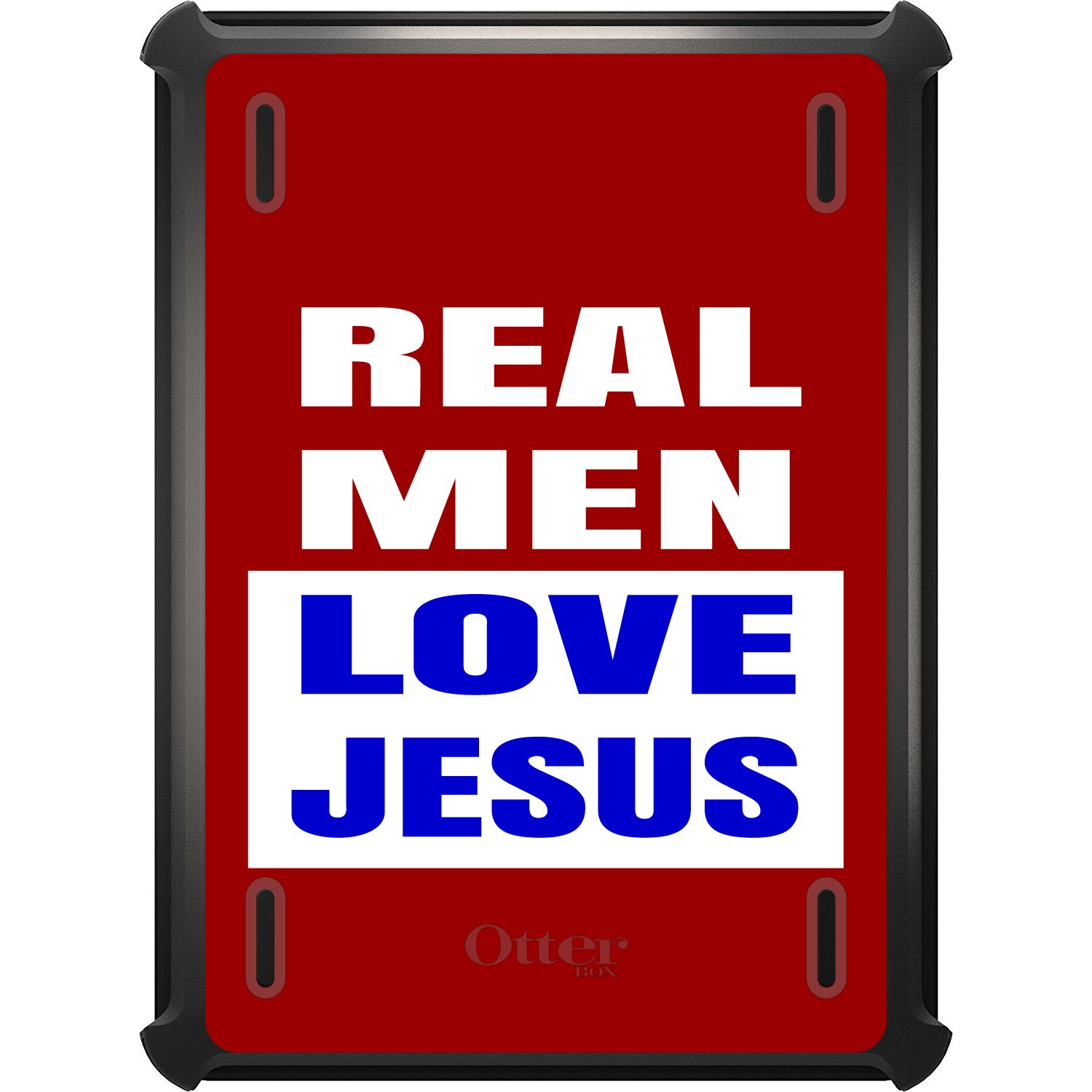 DistinctInk Protective Case for iPad Mini 5 (5th Generation 2019) - Black Replacement Cover with Stand | Compatible with OtterBox Defender | Christian Design Featuring 'Real Men Love Jesus' in Red & Blue | Perfect for Daily Use, Travel & Showing Your Faith