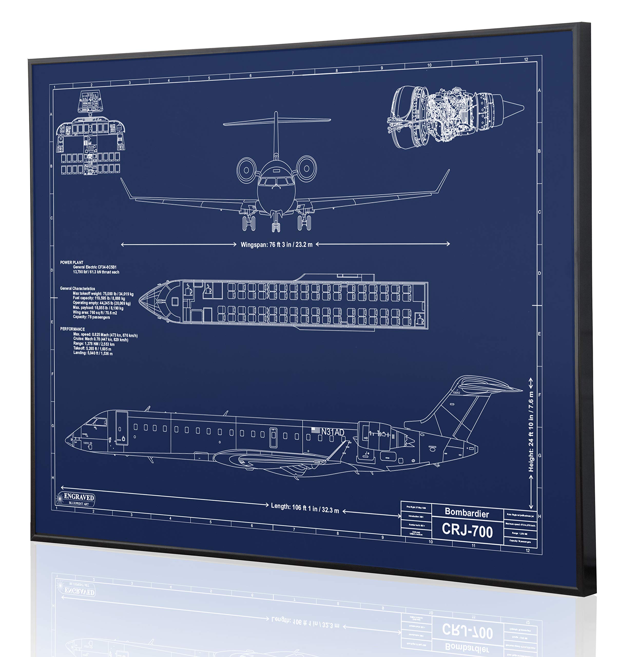 Bombardier CRJ-700 Blueprint Wall Art - Laser Engraved & Customizable Aviation Gift for Pilots - Perfect for Home Office Decor, Pilot Appreciation, and Aviation Enthusiast Collections