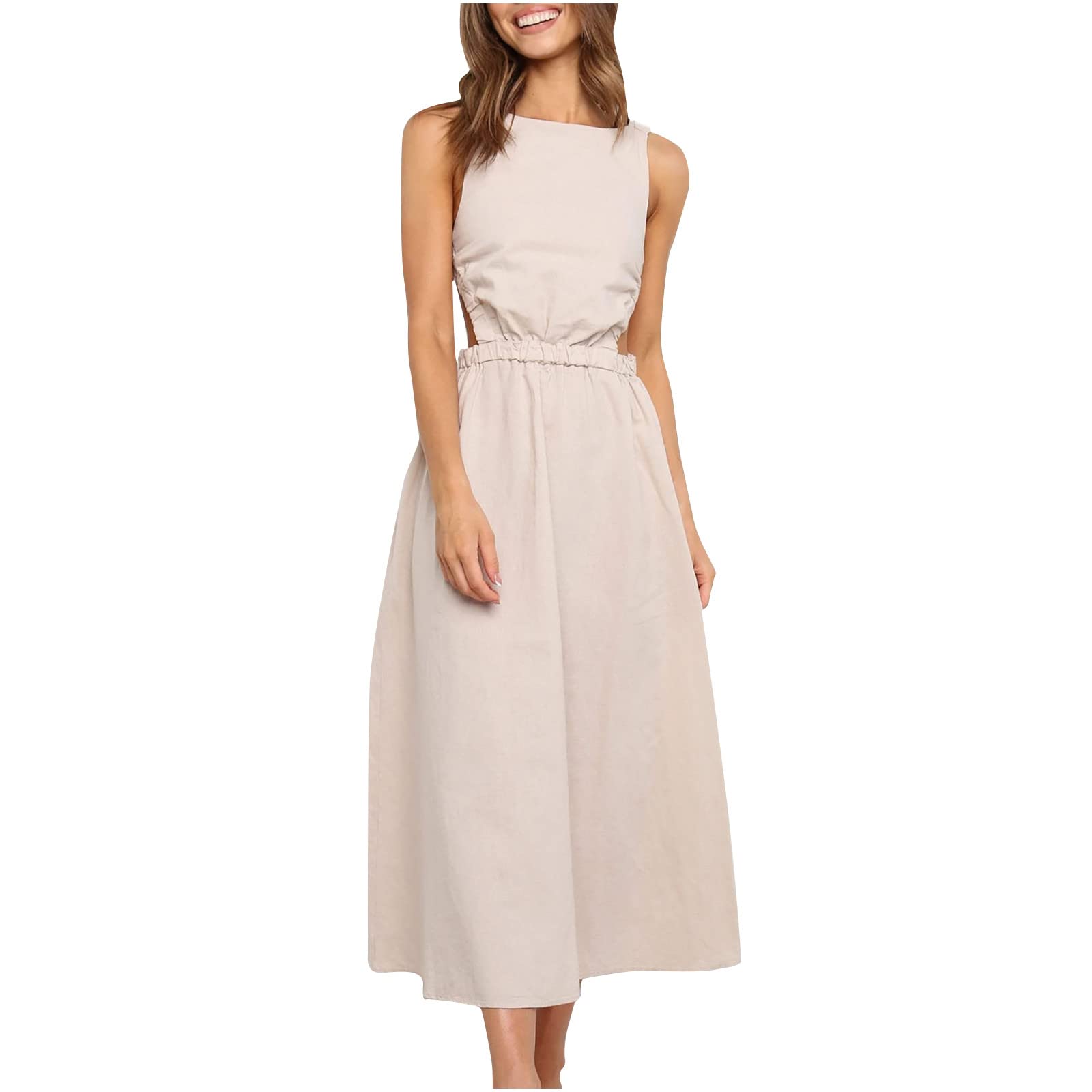 Sexy Backless Sleeveless Summer Dresses for Women - Solid Color Cutout Waist Long Beach Dress - Perfect for Vacation, Pool Party & Tropical Getaways