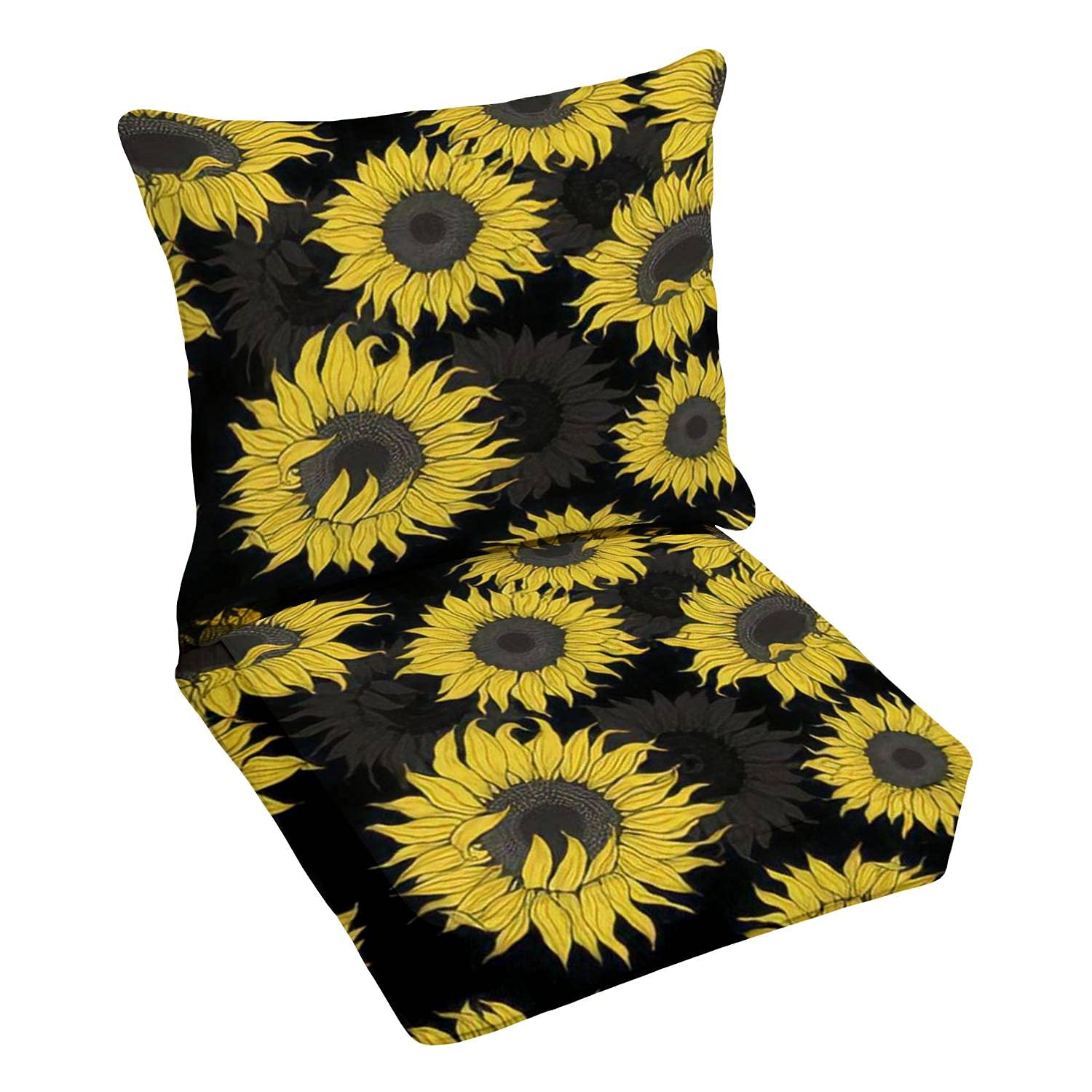 Premium Outdoor Deep Seating Cushion Set - Yellow Sunflower Pattern on Black Fabric - Replacement Cushions for Patio Lounge Chairs - Perfect for Backyard, Poolside & Garden Conversation Areas