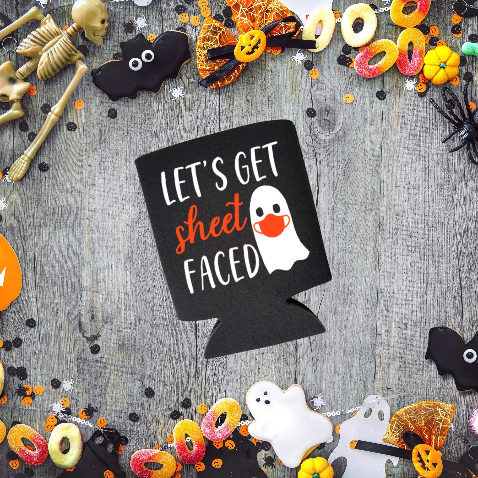 Funny Halloween Can Cooler - 'Let's Get Sheetfaced' Ghost Design - Insulated Beer Bottle Holder for Halloween Parties, Trick or Treating & Spooky Gatherings