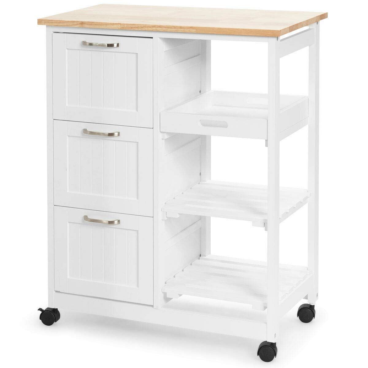 Walomes White Rolling Kitchen Island Cart with 3 Storage Drawers & Shelves - Mobile Kitchen Organizer for Small Spaces, Pantry Storage & Food Prep Station
