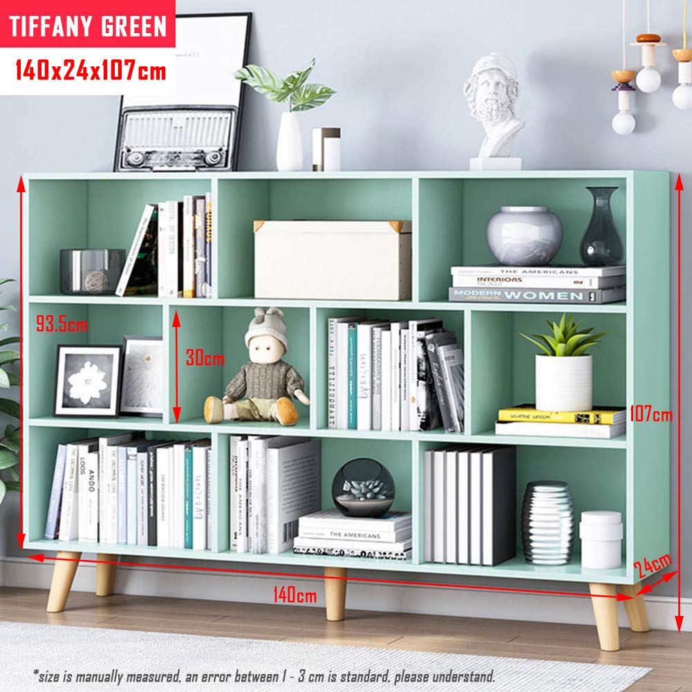 IOTXY 3-Tier Wooden Open Shelf Bookcase - Floor Standing Display Cabinet with Legs, 10-Cube Storage Organizer, Tiffany Green Kids Bookshelf - Perfect for Nursery, Living Room & Office Organization
