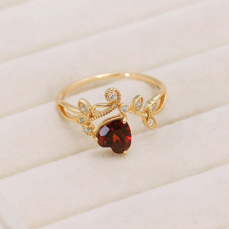 Red Garnet Heart Shaped Olive Branch Spiral Ring - Dainty Bohemian Jewelry for Women | Perfect for Valentine's Day, Anniversary Gifts & Boho Fashion Accessories