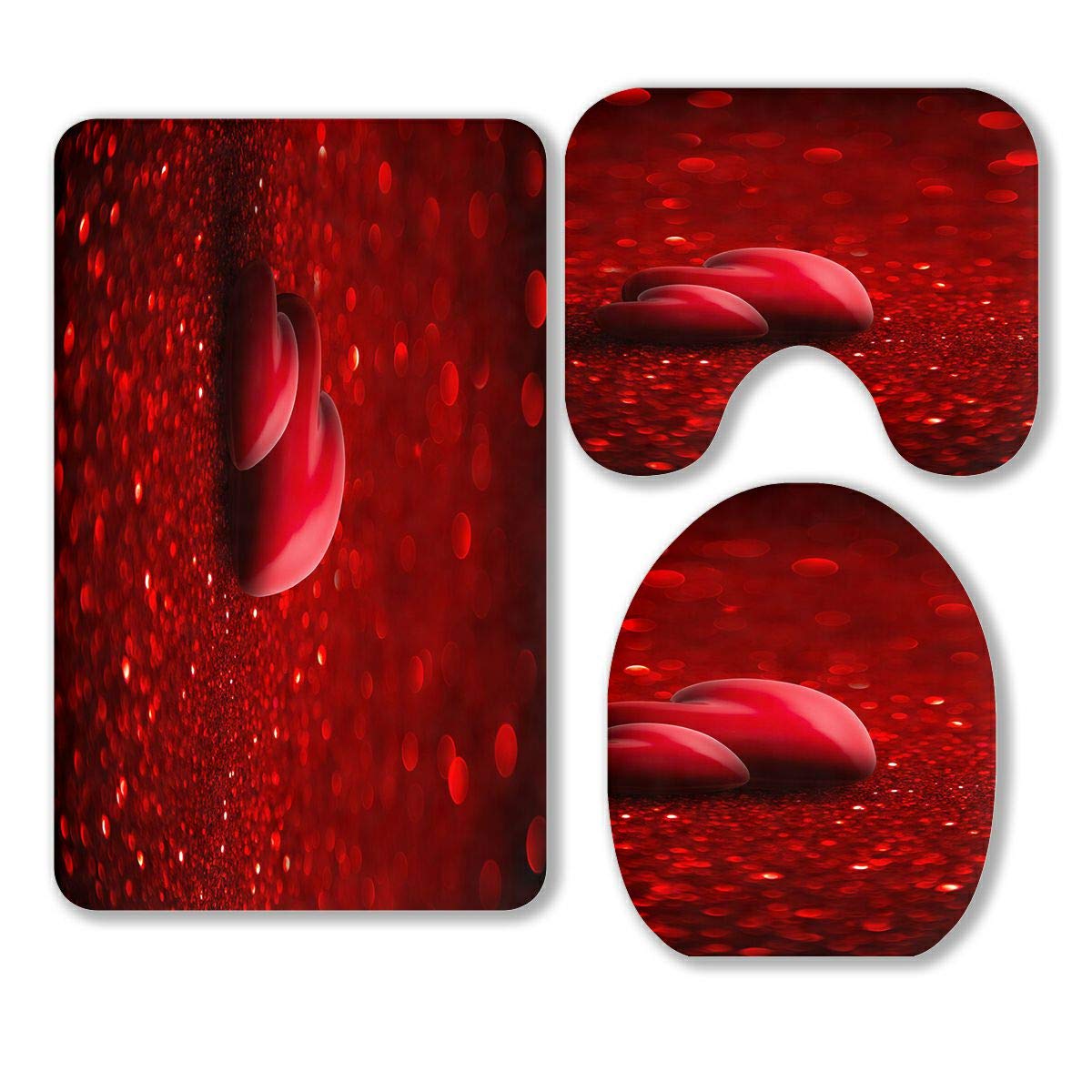 ABPHQTO Valentine's Day Bathroom Rug Set - 3 Piece Red Hearts Glitter Bath Mat, Contour Mat & Toilet Lid Cover | Non-Slip Soft Bath Rugs for Romantic Home Decor, Perfect Gift for Couples