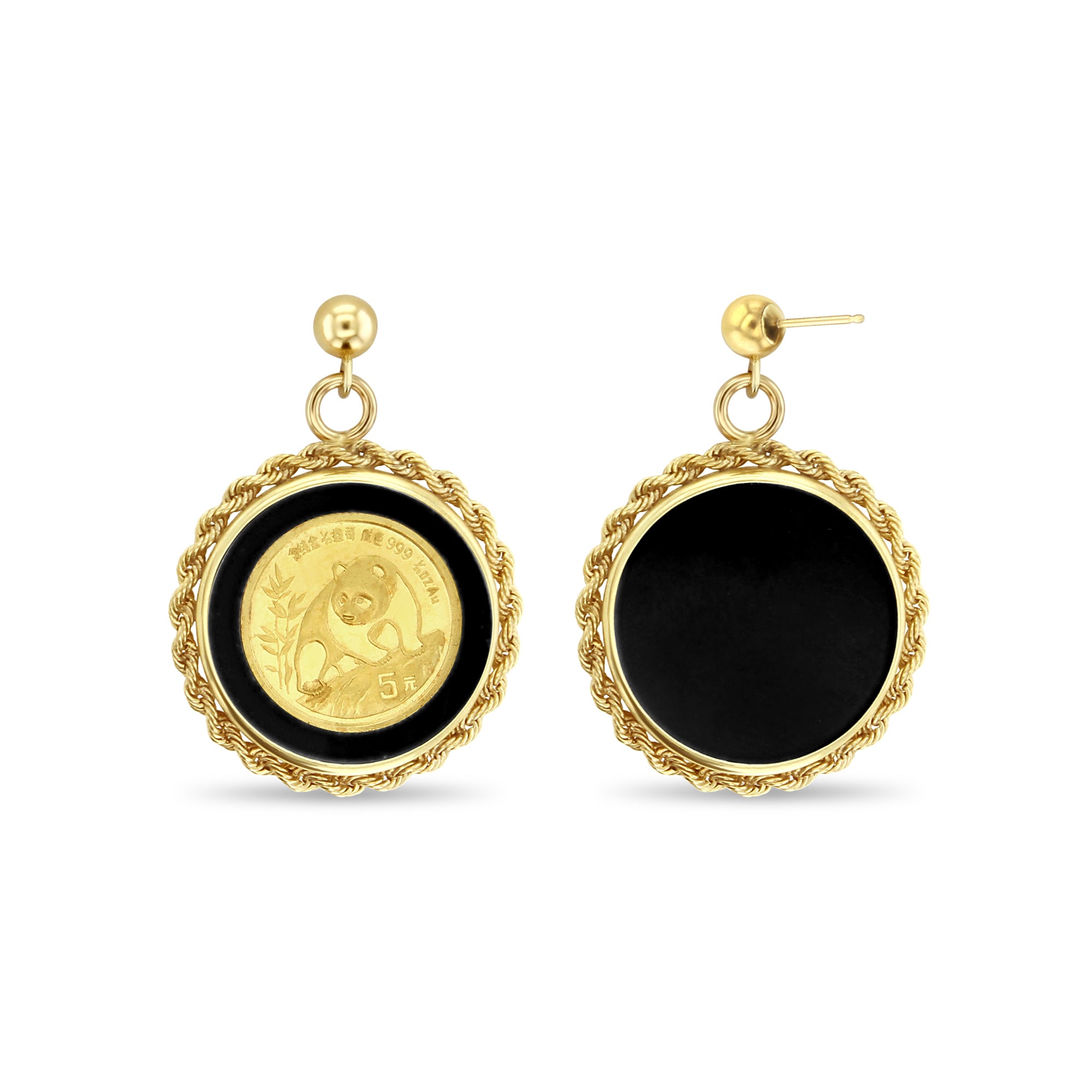 1/20 oz 24K Gold Panda Coin Onyx Bezel Drop Earrings - Elegant Jewelry Gift for Women, Perfect for Parties & Special Occasions
