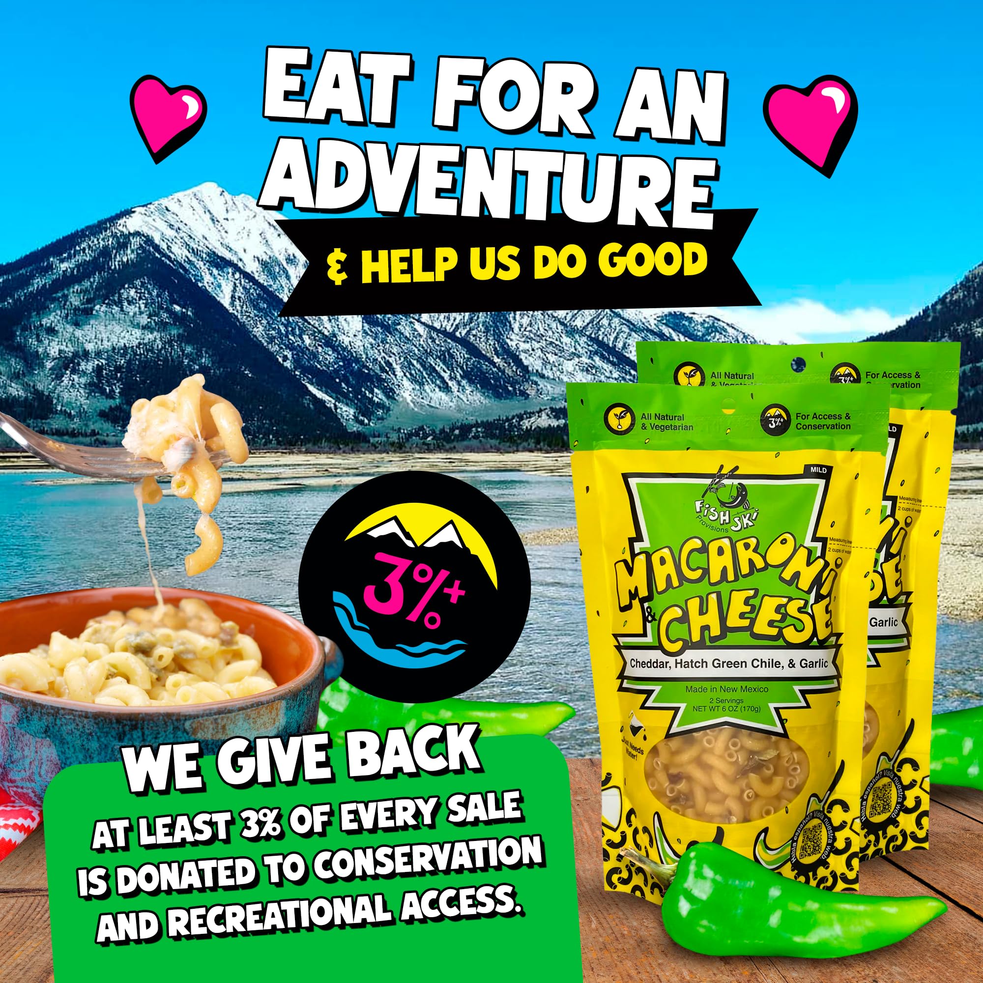 FishSki Provisions Macaroni and Cheese with Hatch Green Chile, Cheddar Cheese & Garlic - 6 oz Bags (24 Pack) | Quick & Easy Meal for Camping, Office Lunches & Family Dinners