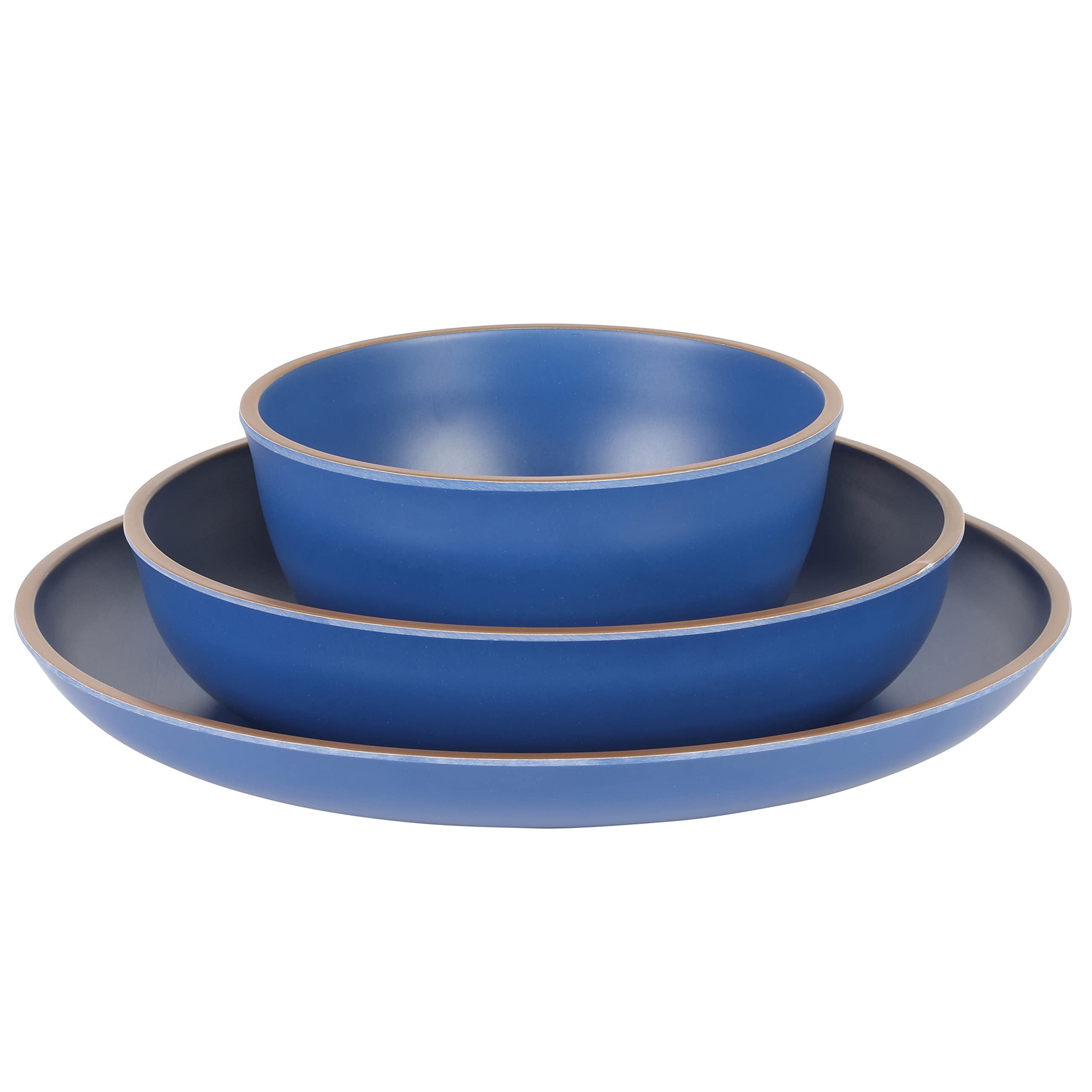 Gibson Home Rockabye 12-Piece Double Bowl Melamine Dinnerware Set - Durable Plastic Plates & Bowls - Matte Blue - Perfect for Outdoor Dining, Picnics & Camping