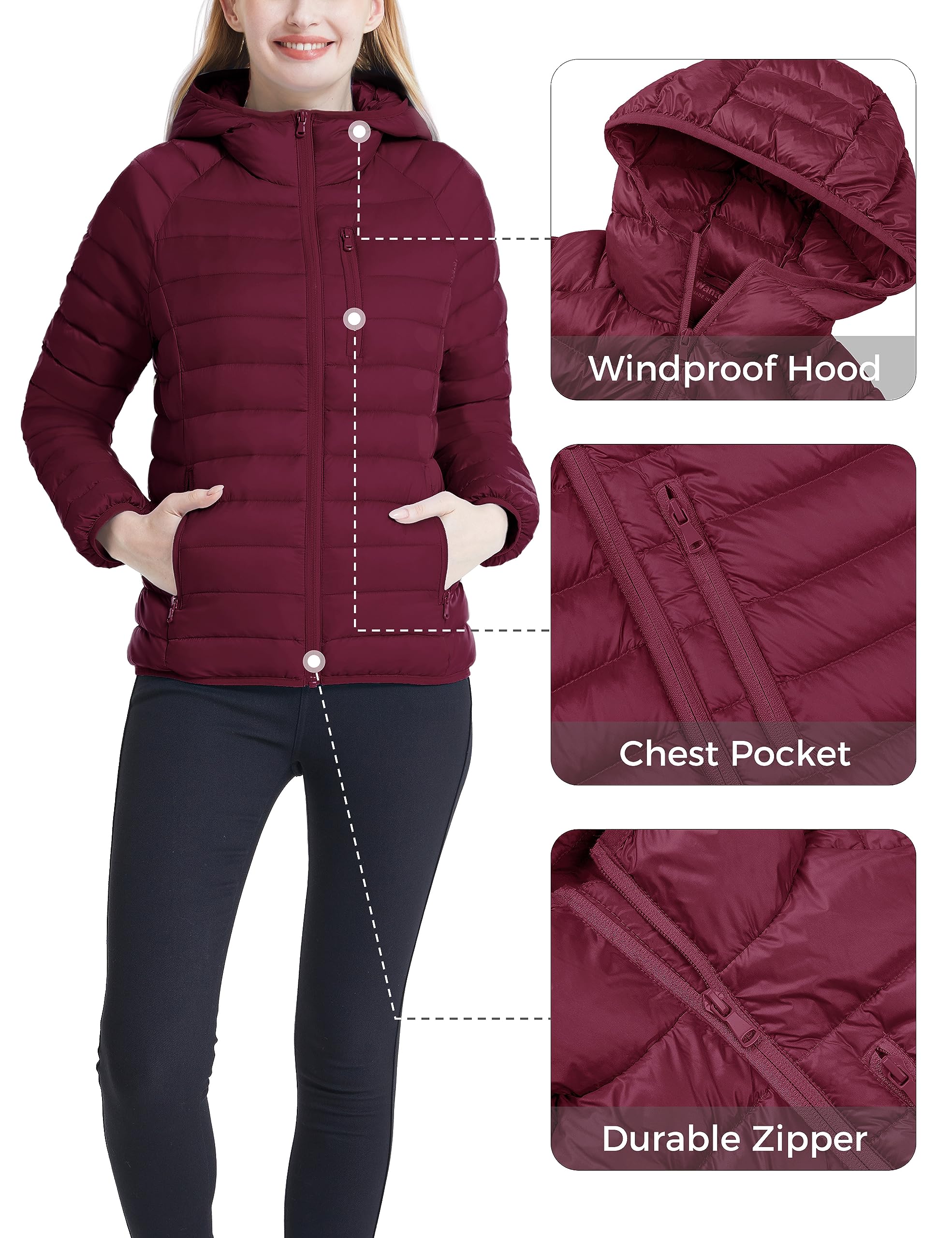 Wantdo Women's Lightweight Packable Down Jacket - Hooded Winter Puffer Coat for Outdoor Activities, Travel & Cold Weather