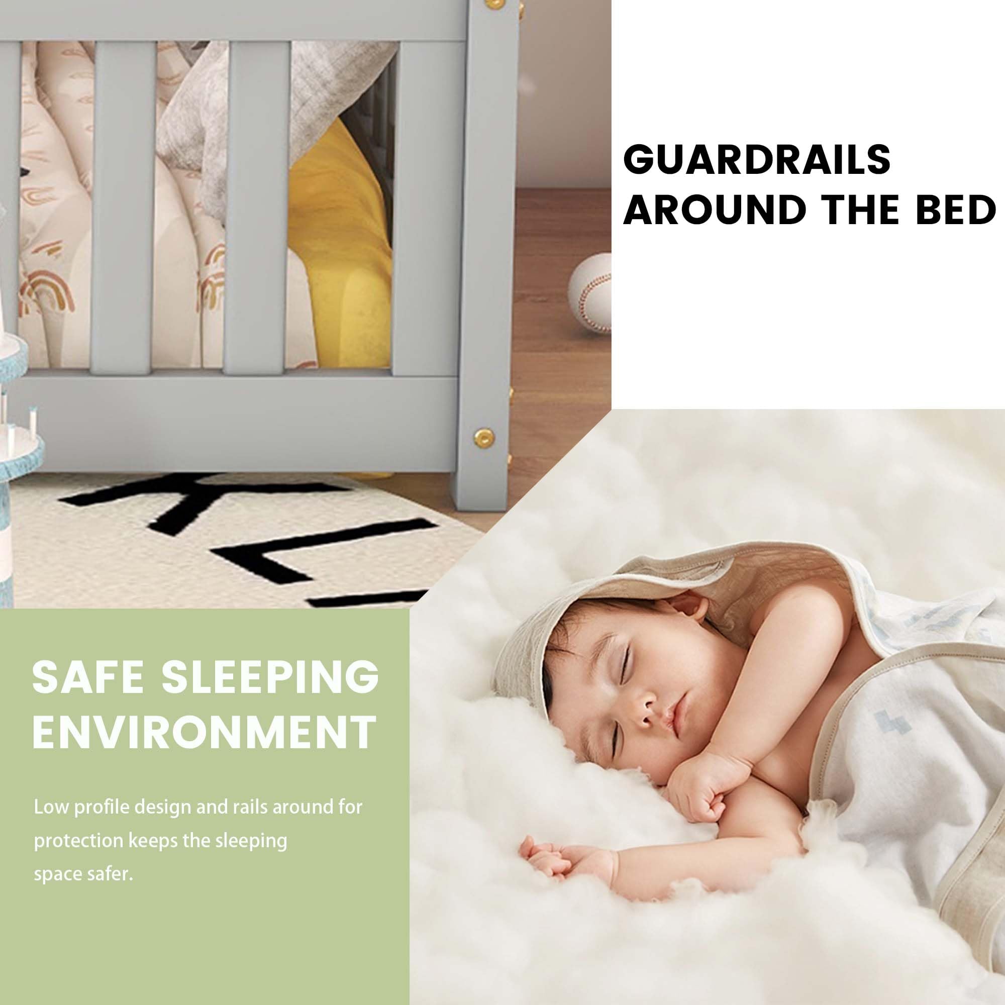 SOFTSEA Twin Size Floor Bed Frame with Safety Guardrails & Door for Kids - Solid Wood Toddler Bed with Fence - No Box Spring Needed - Easy Assembly - Gray - Perfect for Playrooms, Daycare Centers & Montessori Bedrooms