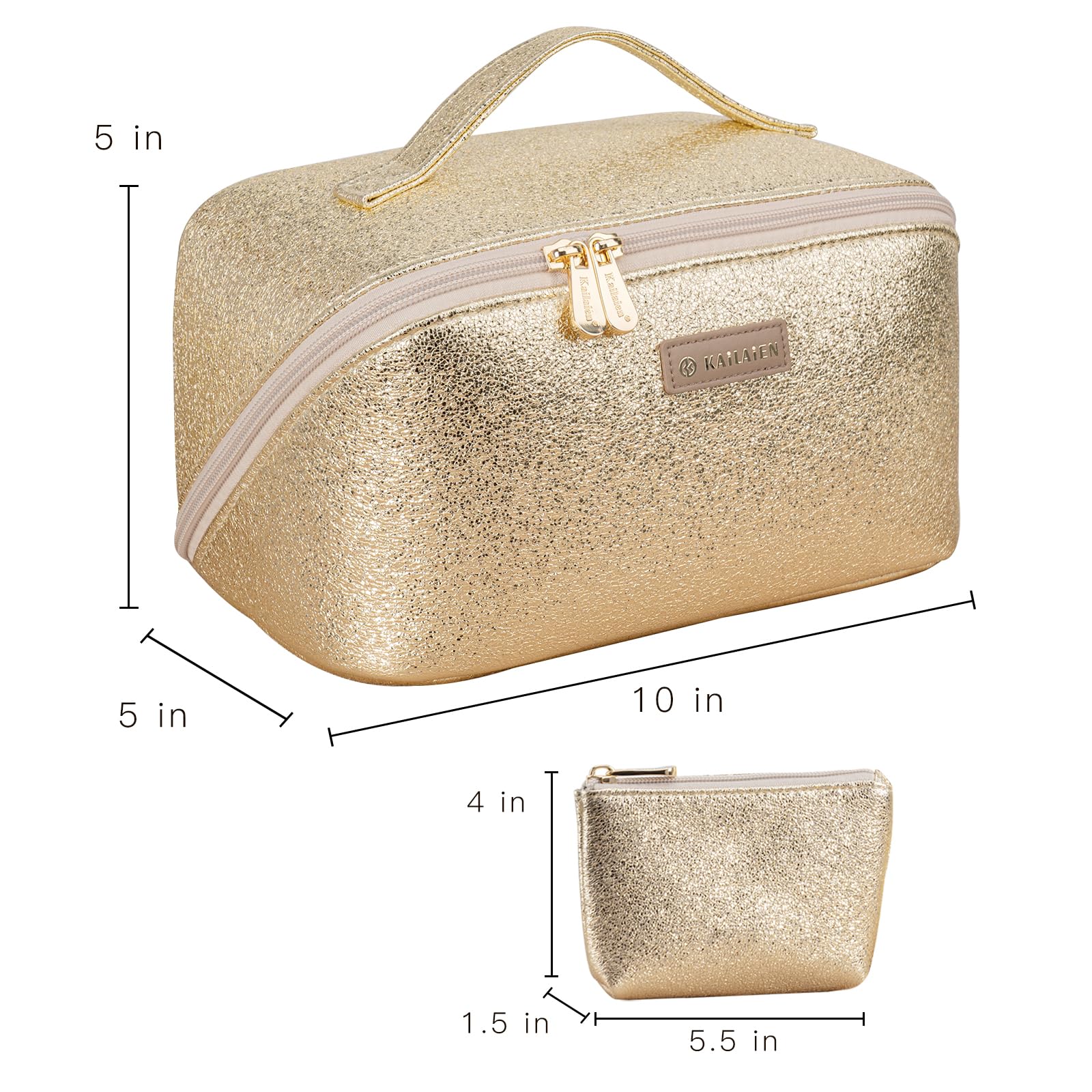 2-Pack Large Travel Makeup Bag Organizer for Women - PU Leather Cosmetic & Toiletry Bag with Divider & Handle (10×5×5 inches, Gold) - Perfect for Vacation, Business Trips & Gym Essentials