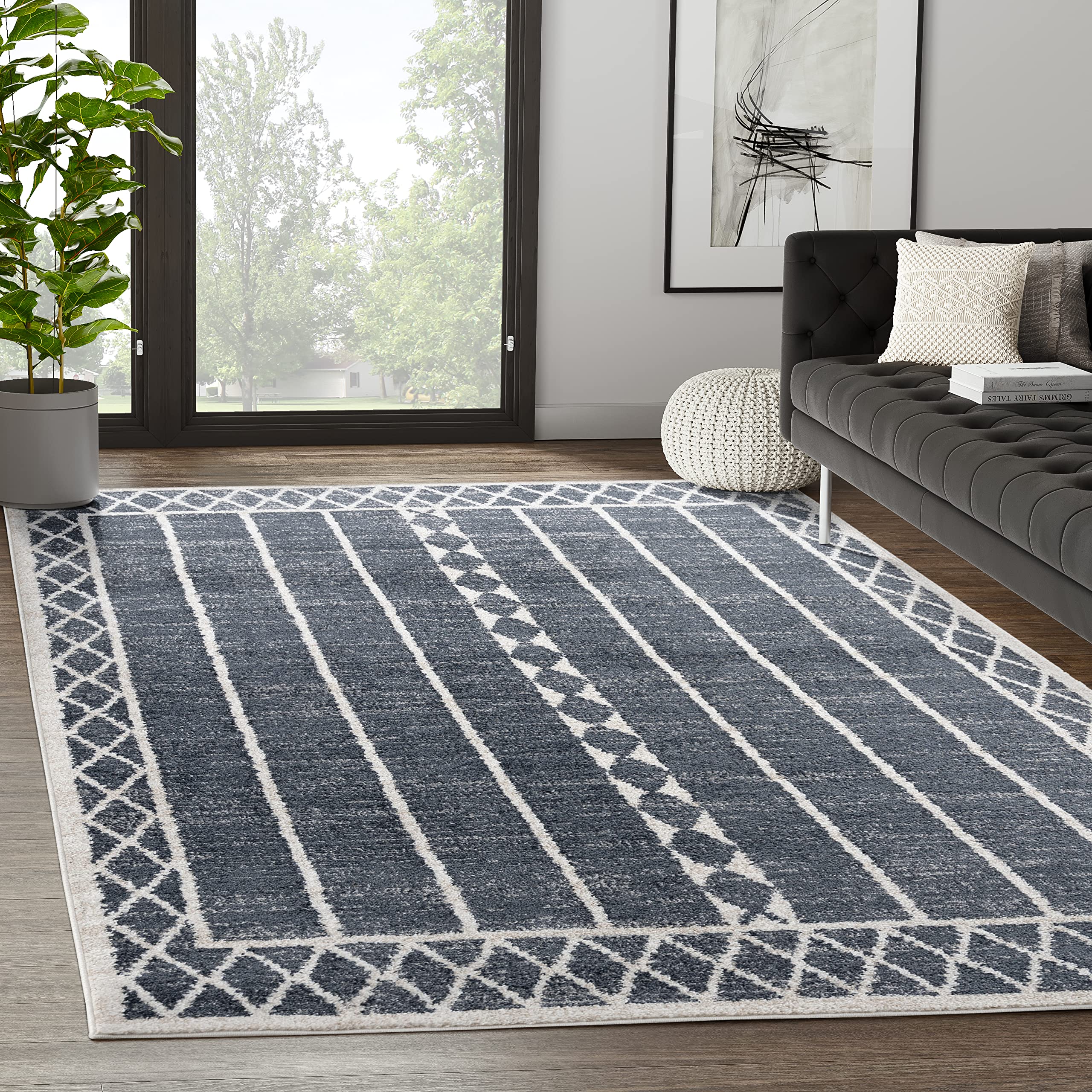 Abani Traditional Tribal Design Grey & Charcoal Dining Room Rug - 6' x 9' Non-Shedding Area Rug for Under Table, Living Room & Bedroom - Handmade Wool Rug for Home Decor & Warmth