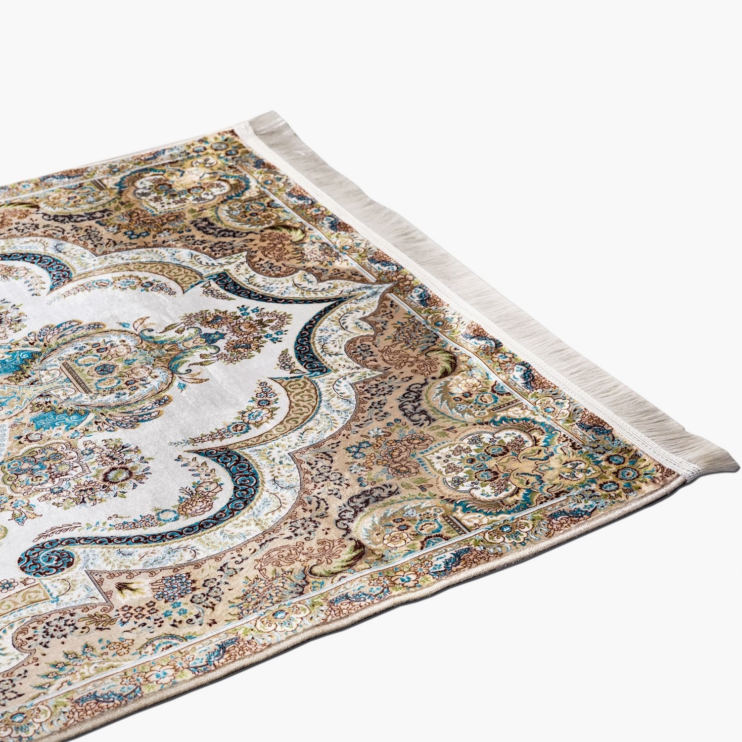 Premium Ivory & Blue Floral Prayer Rug - Islamic Prayer Mat with Non-Slip Backing - Perfect for Home, Mosque & Travel Prayer Needs
