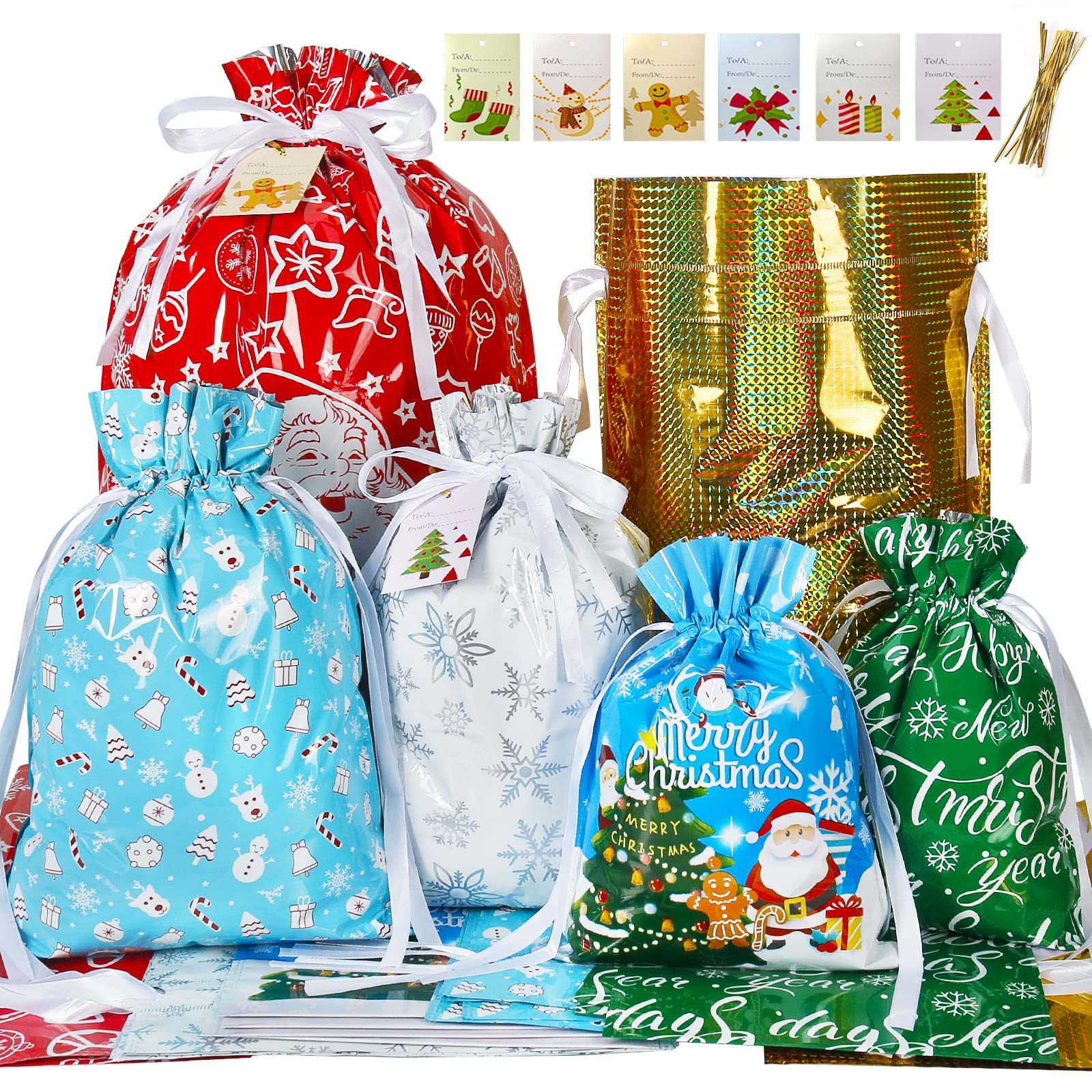 30PCS Christmas Drawstring Gift Bags - Assorted Sizes Holiday Wrapping Bags for Xmas, Birthday & Party Favors | Perfect for Gift Giving, Stocking Stuffers & Holiday Celebrations