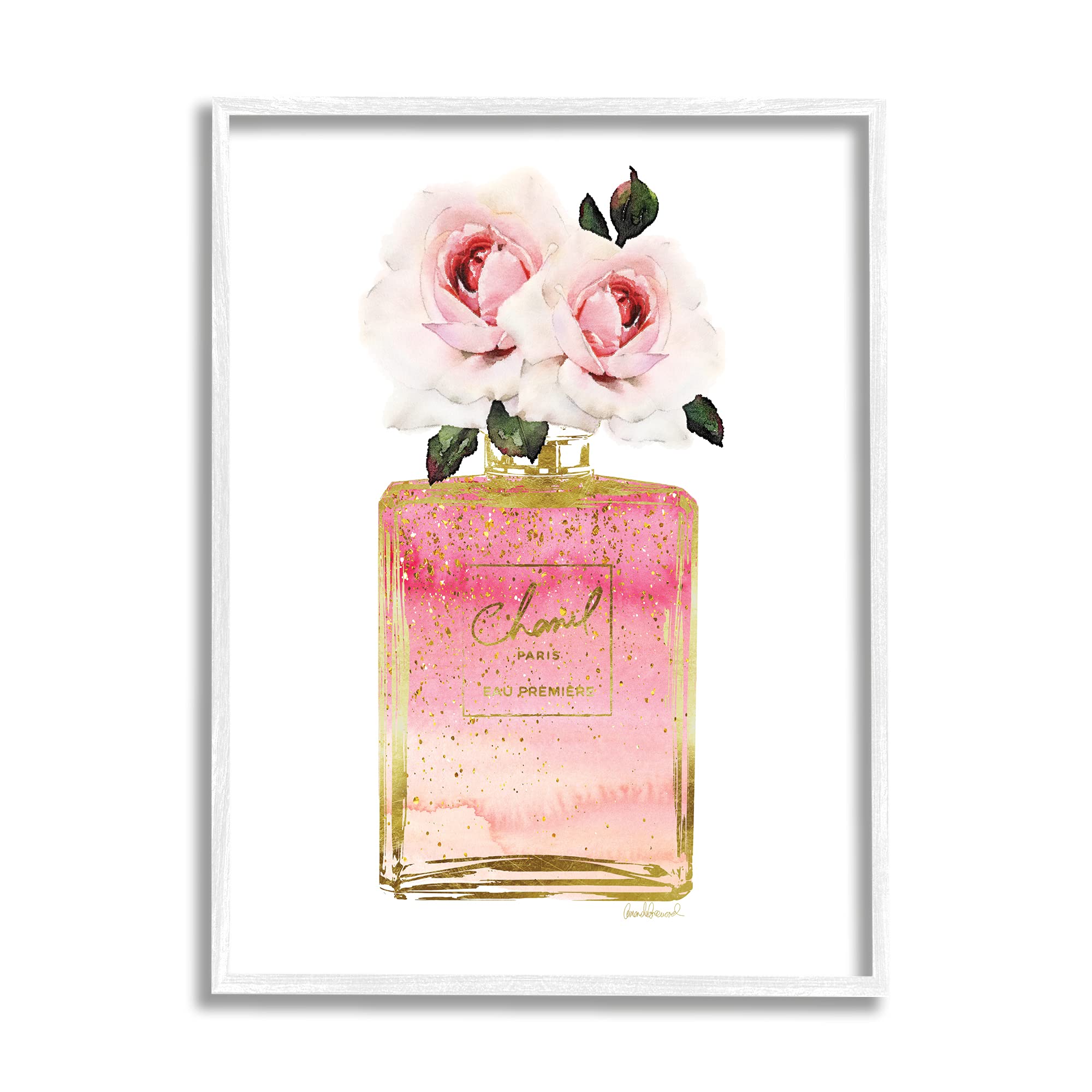 Stupell Industries Pink & Gold Ombre Perfume Bottle Wall Art with Roses - Amanda Greenwood Design - White Framed Canvas Print 24