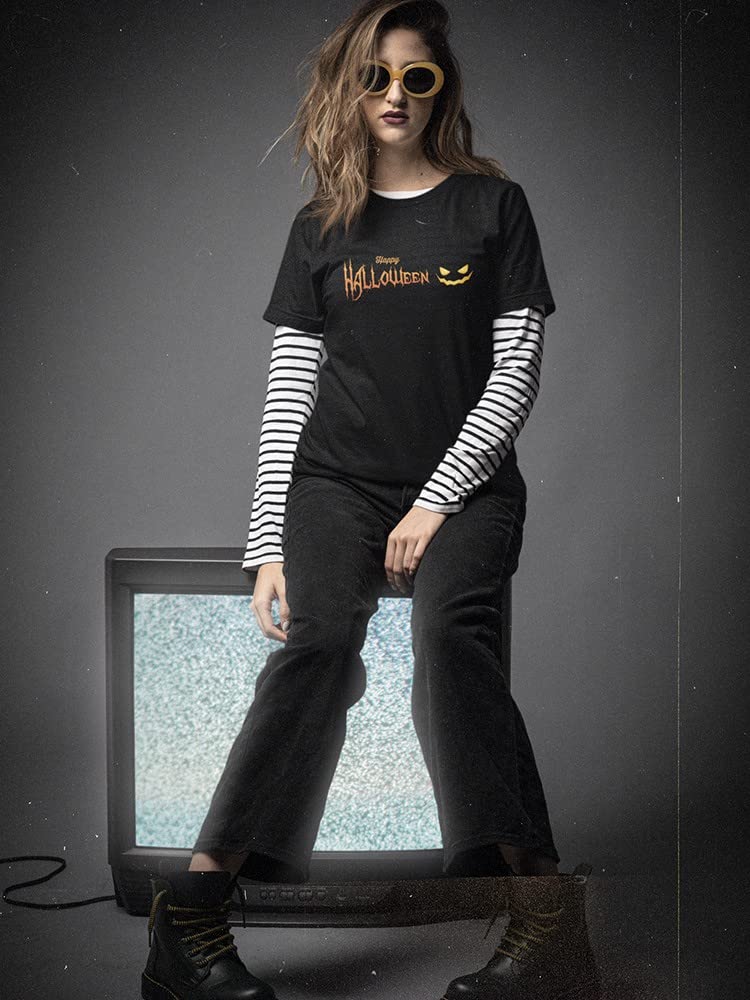 Pumpkin Darkness Smile Print Women's Black T-Shirt | Trendy Graphic Tee for Casual Wear & Halloween Outfits
