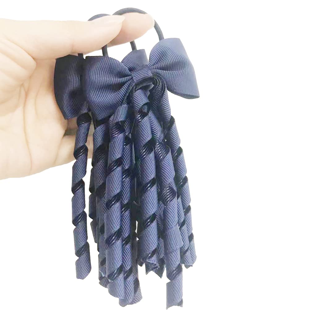 Cheerleading Hair Ties with Curly Ribbons - Rainbow Wig Shape Hair Bows & Ponytail Holders for Women & Girls (Blue) | Perfect for Cheerleading, Dance, Sports & Everyday Wear